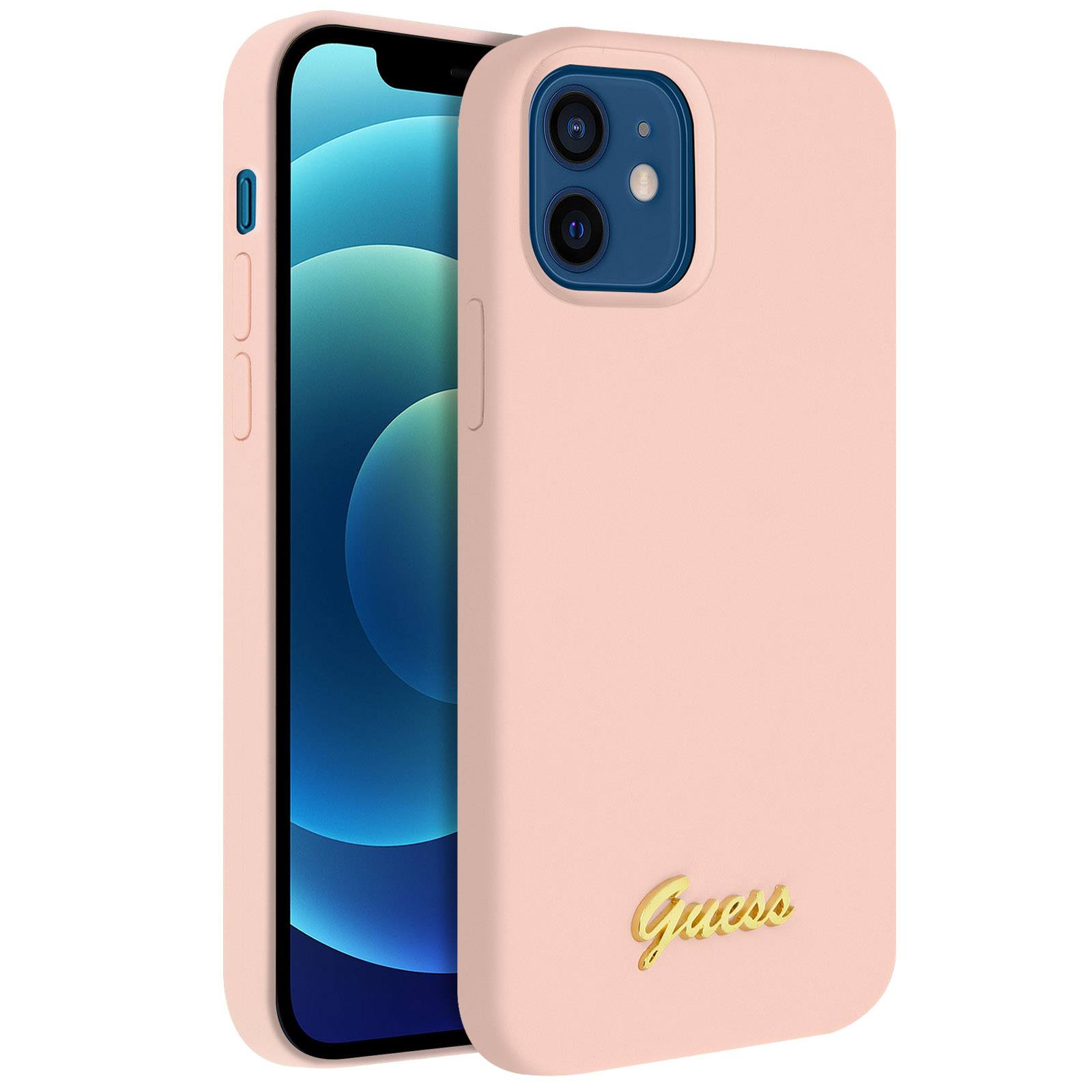 Ein pinkfarbenes Telefon in einer pinkfarbenen Hülle. Das Telefon hat eine blaue Kamera und die Marke Guess ist sichtbar.