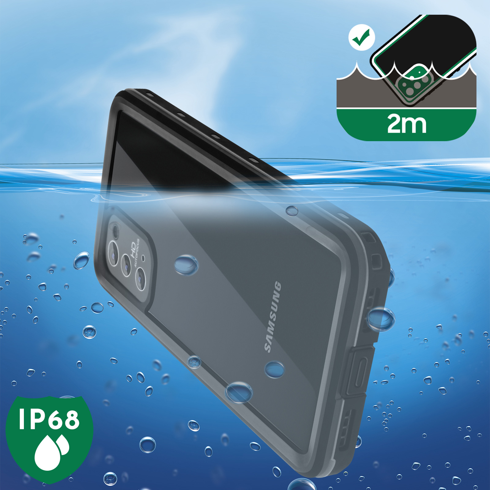 Custodia nera per telefono sott'acqua con bolle e icona IP68 verde. Logo Samsung visibile.