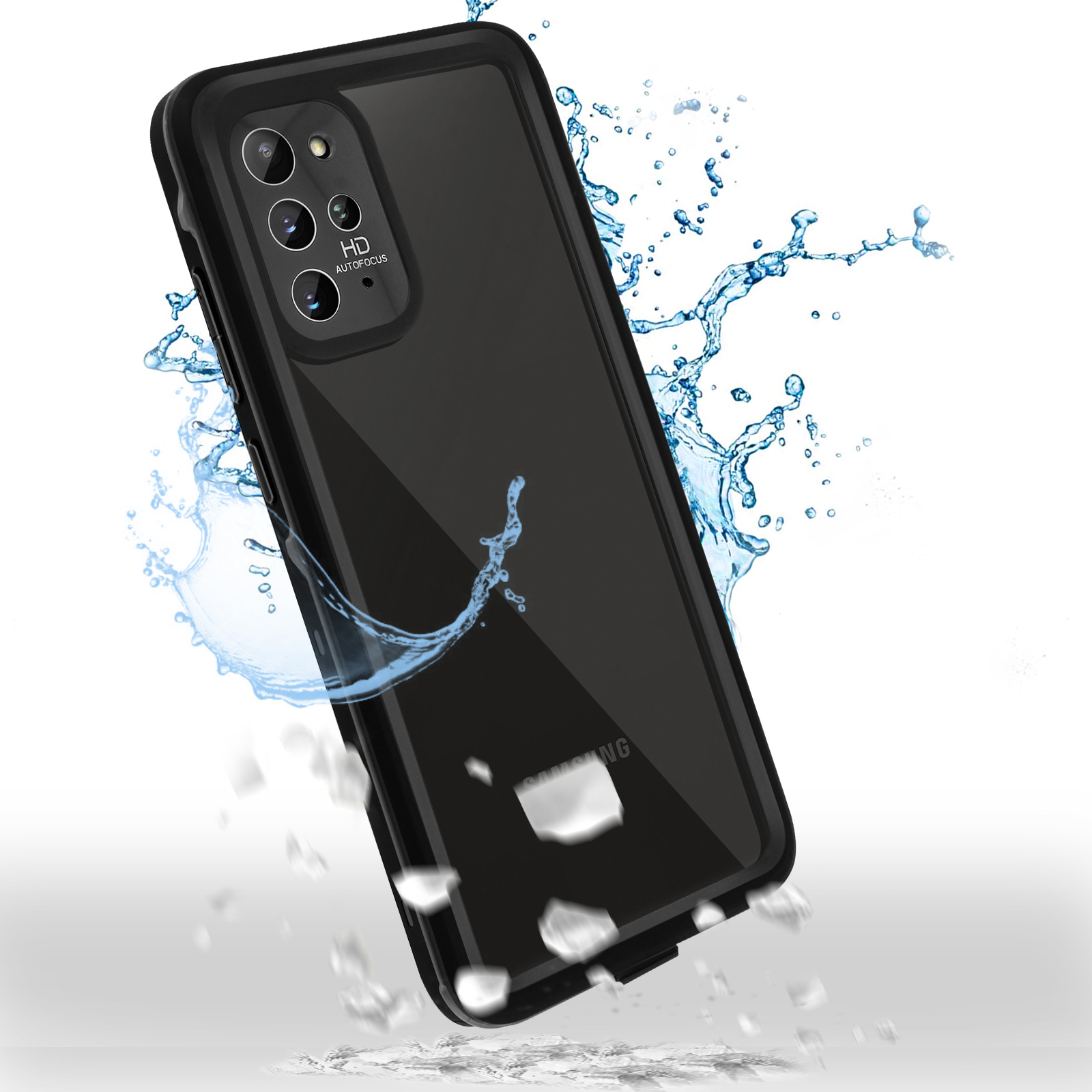 Una custodia per telefono nera impermeabile, con un telefono all'interno e schizzi d'acqua.