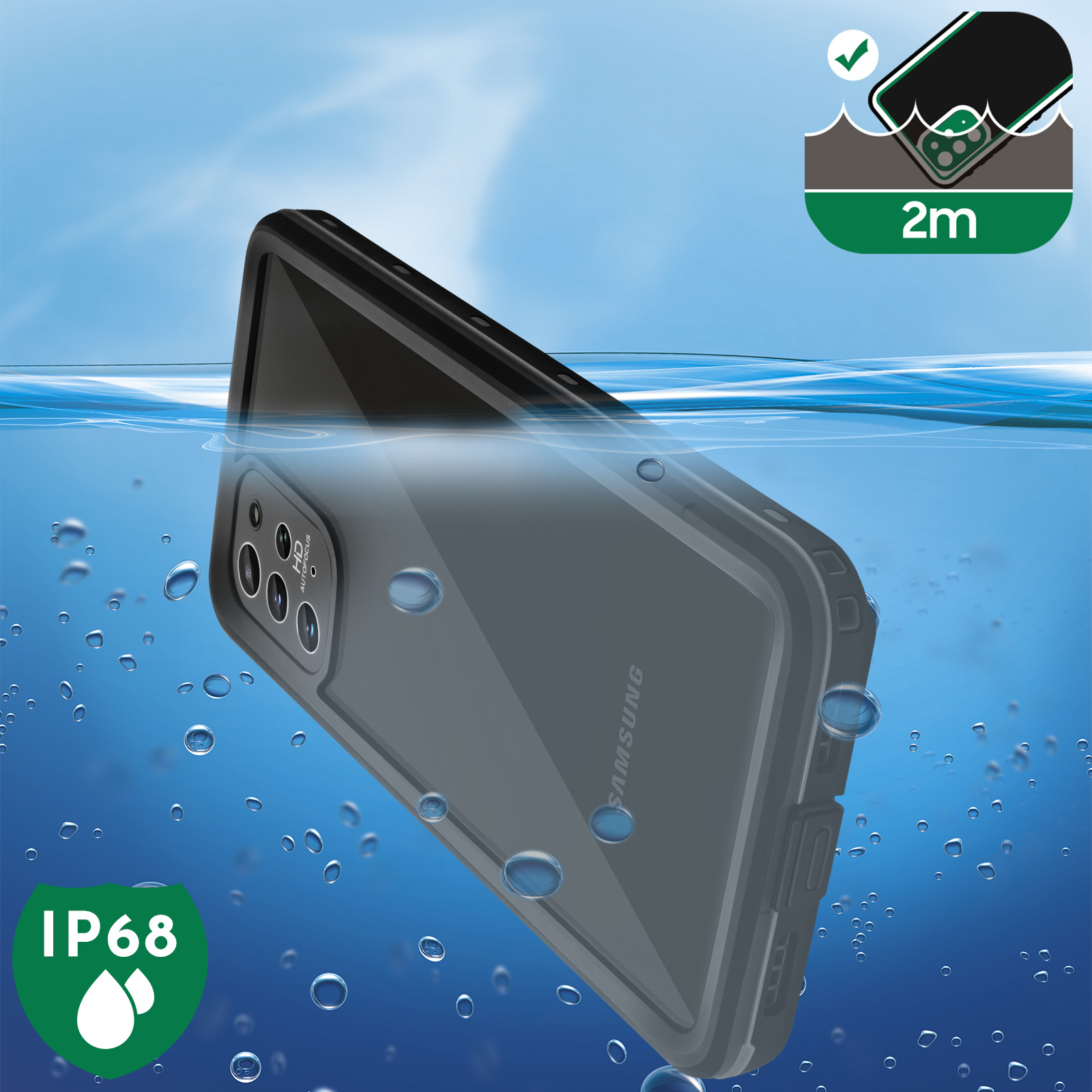 Custodia nera in acqua, etichette IP68 e 2m, logo Samsung visibile.
