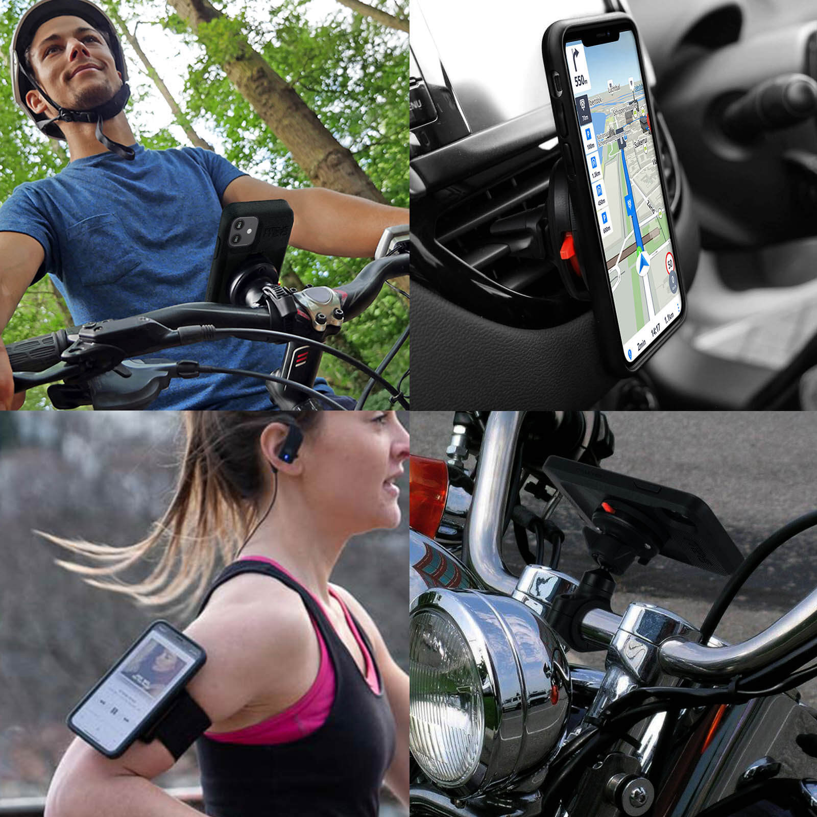 Eine Collage von Bildern, die Telefone zeigen, die an Fahrrad, Auto und Arm befestigt sind, mit Navigation.