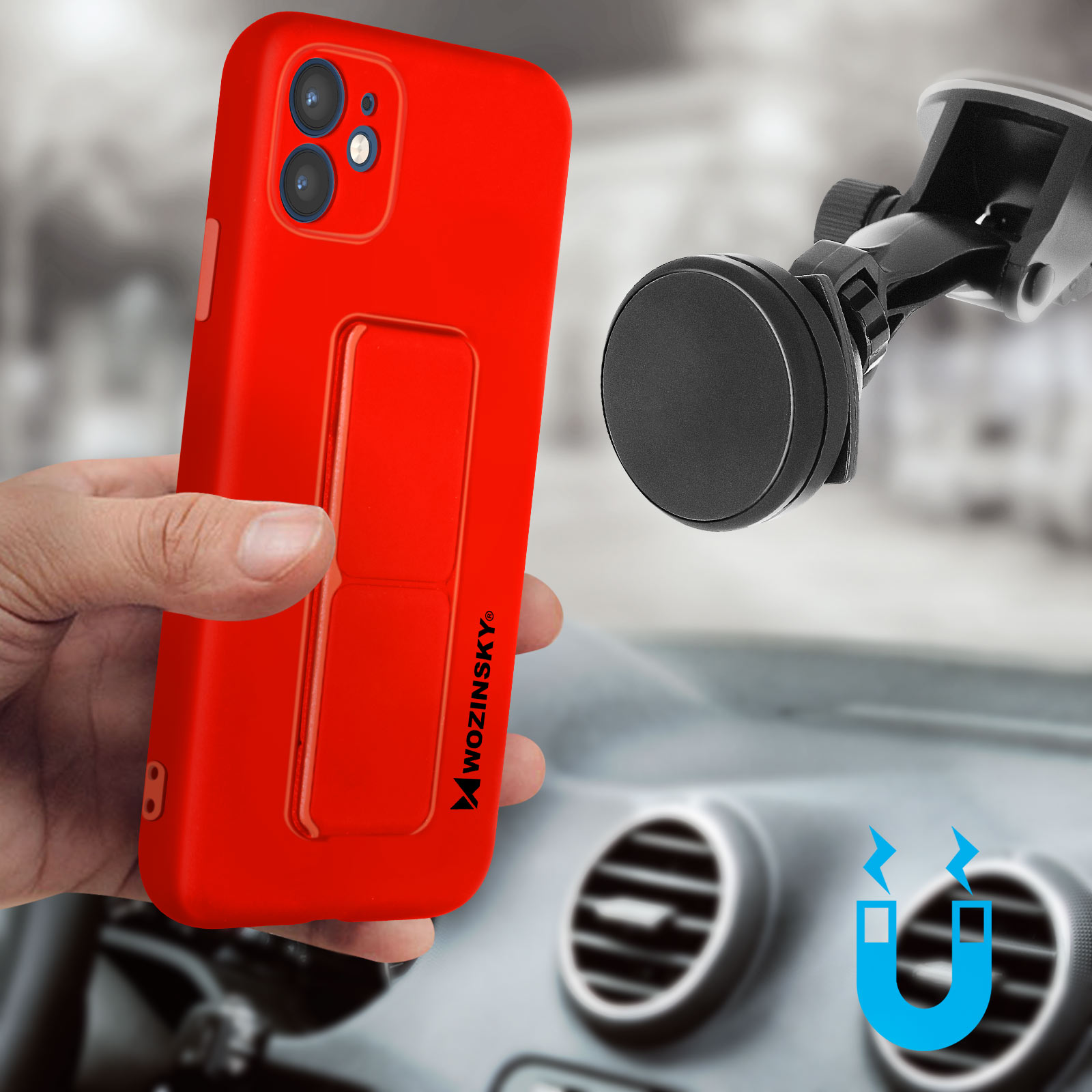 Czerwone etui na telefon z magnetycznym uchwytem samochodowym. Uchwyt samochodowy jest przymocowany do deski rozdzielczej.