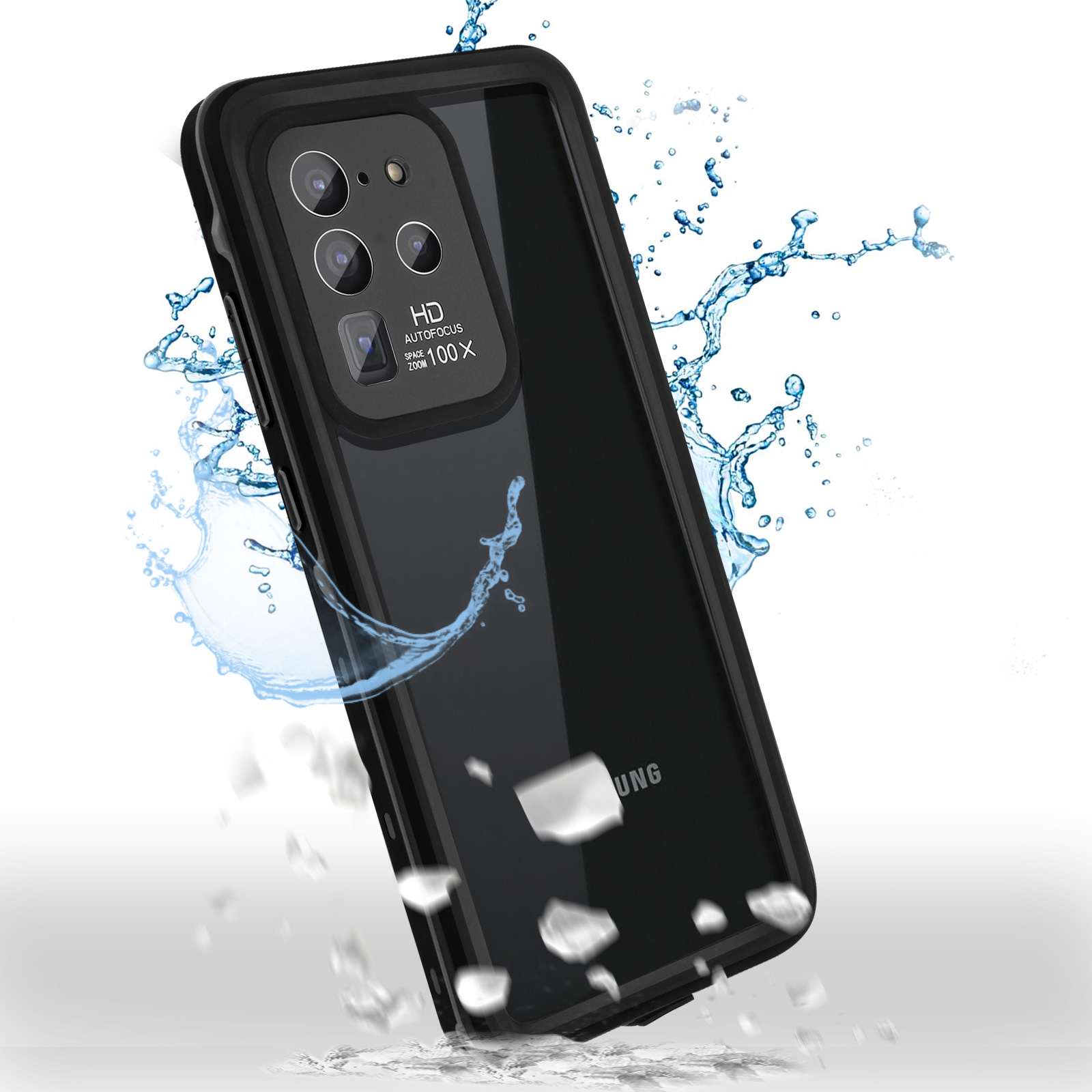 Telefono nero in una custodia impermeabile con acqua intorno.