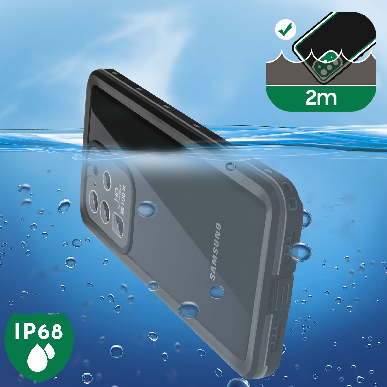 Custodia nera immersa in acqua, con bolle. Logo verde IP68 visibile.