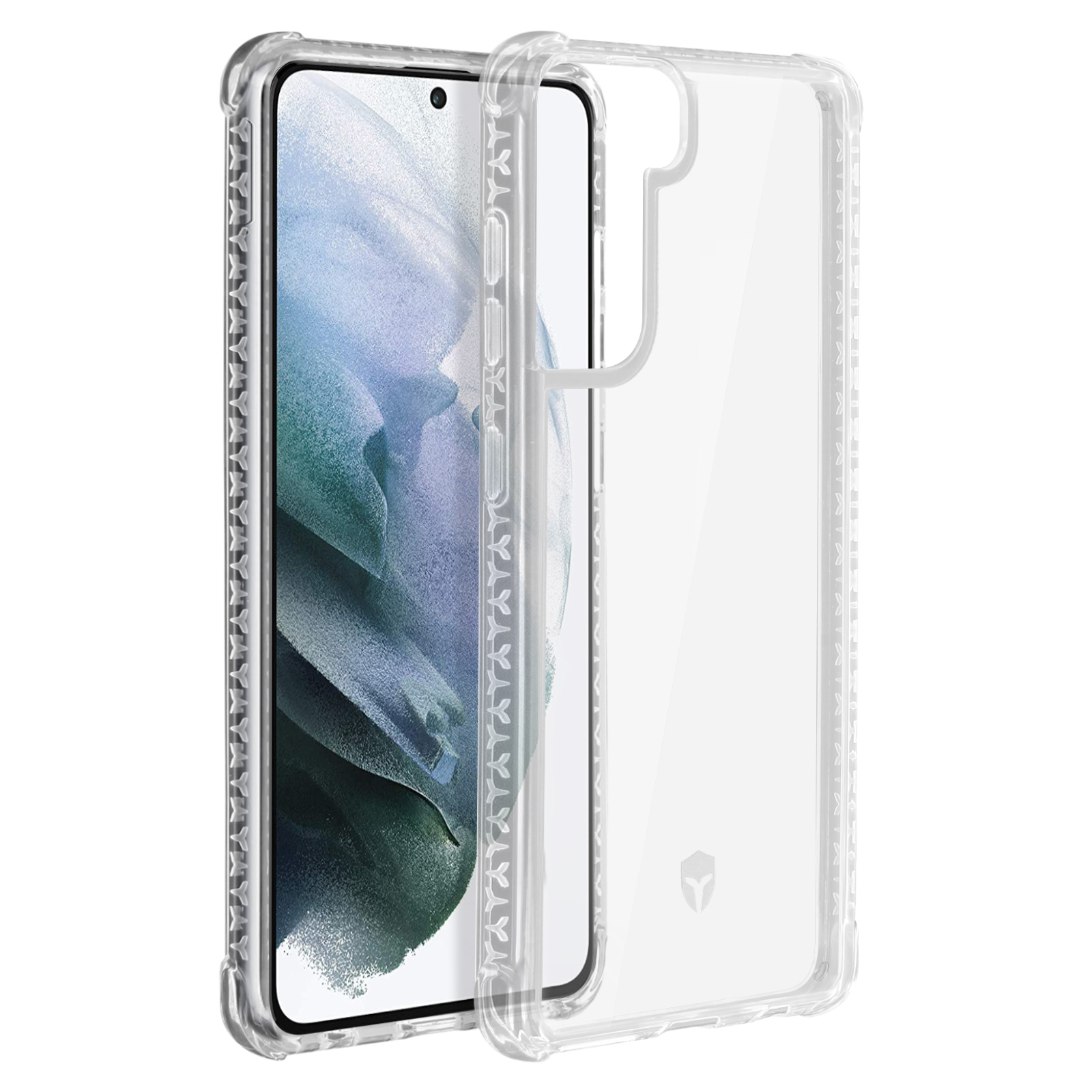 Eine transparente Handyhülle auf weißem Untergrund, mit einem darin sichtbaren Telefon.