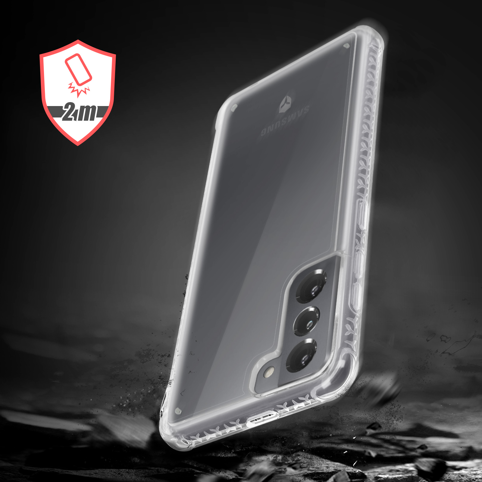Transparente Smartphone-Hülle vor dunklem Hintergrund mit Schutzschild-Symbol.