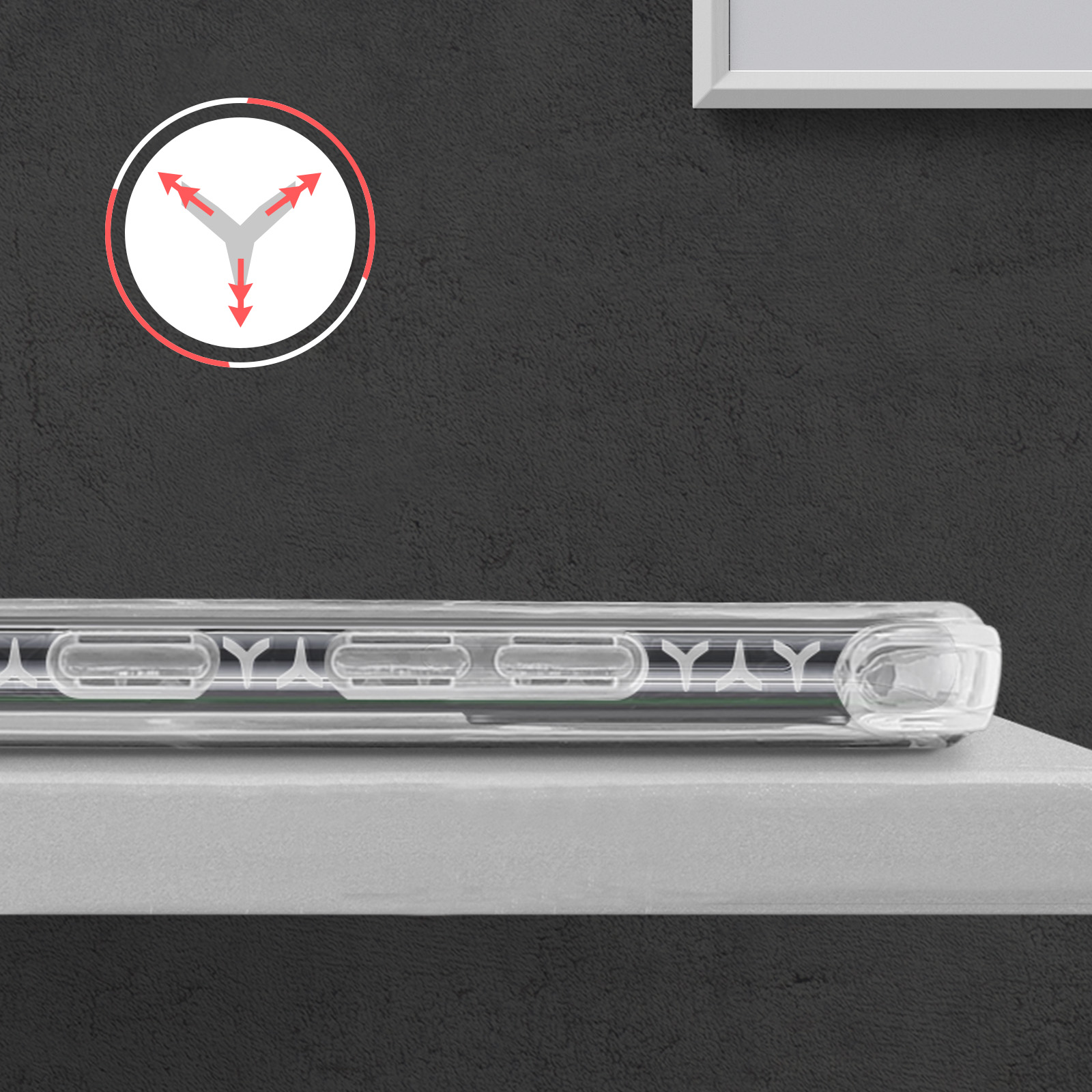 Eine transparente Handyhülle mit Design. Pfeilsymbol vorhanden.