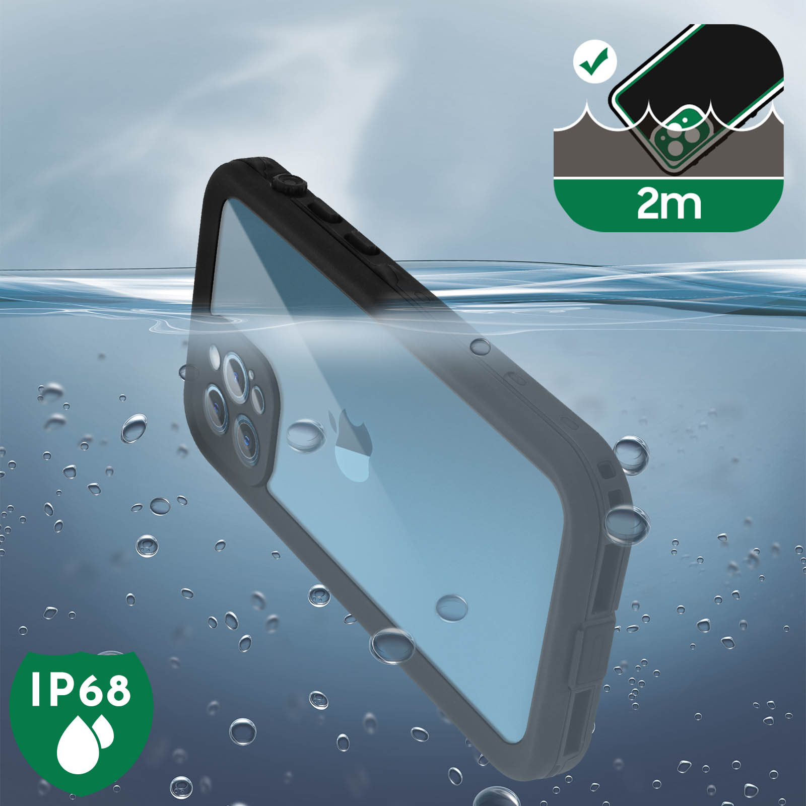 Una custodia nera per telefono immersa nell'acqua. Un simbolo verde IP68 e 2m è visibile.