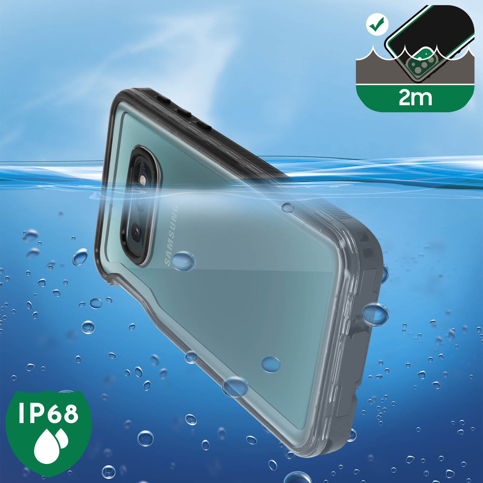 Ein Telefon in einer wasserdichten Hülle unter Wasser mit den Labels IP68 und 2m. Blasen vorhanden.
