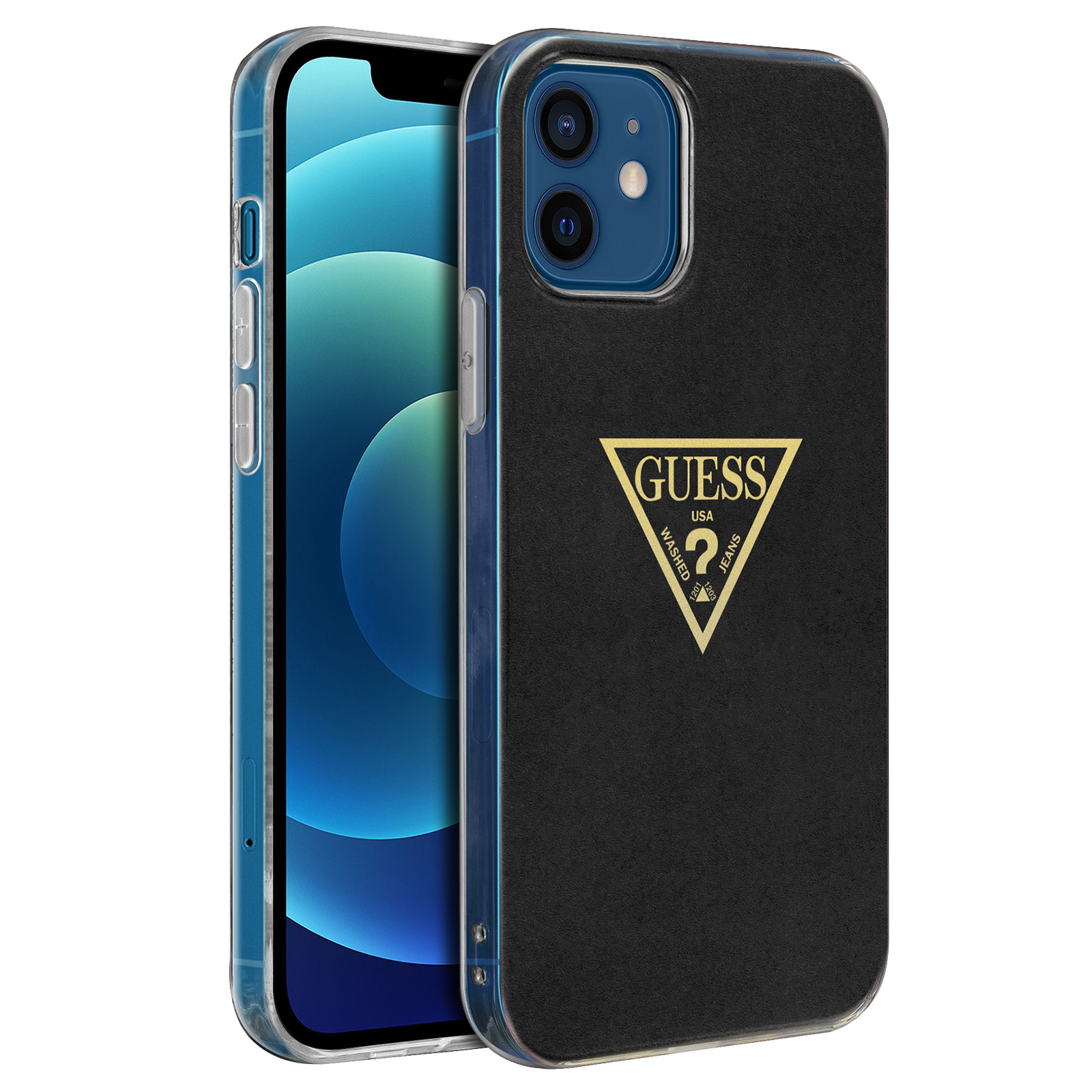 Un telefono all'interno di una custodia nera e trasparente. La custodia ha il logo Guess.