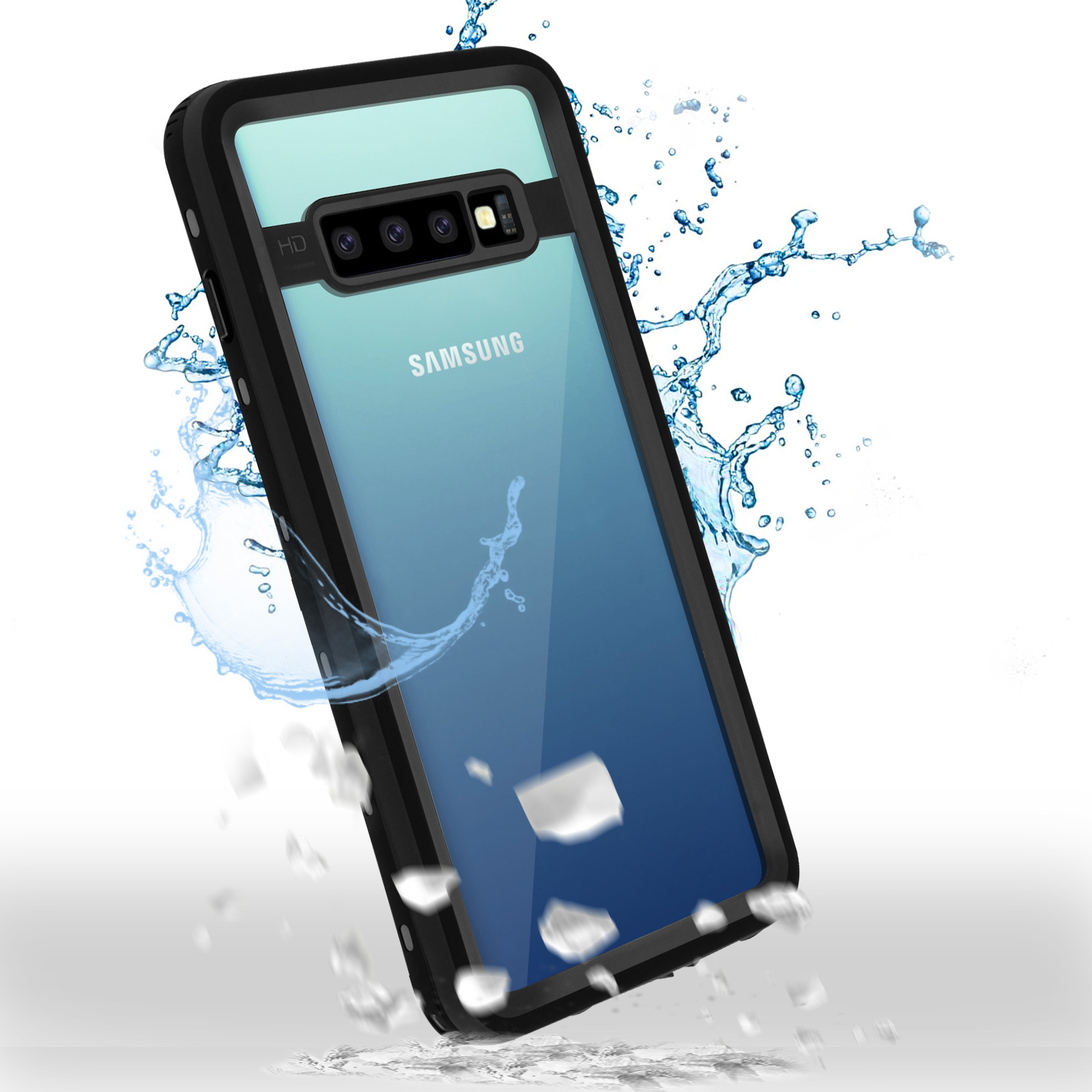Un telefono all'interno di una custodia impermeabile trasparente con acqua intorno. Il logo Samsung è visibile.