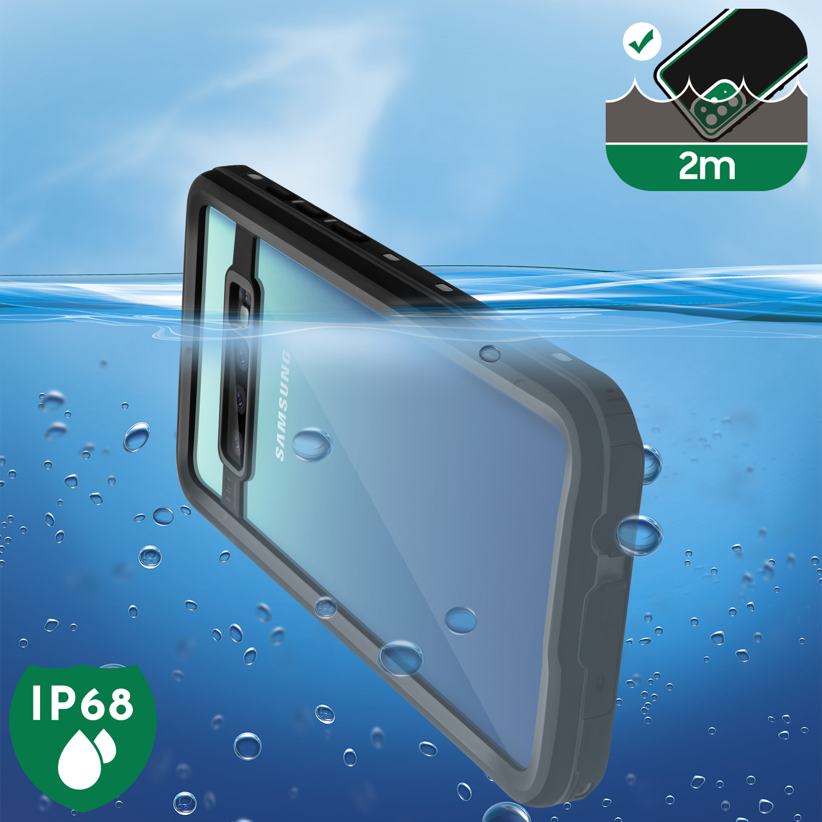 Custodia del telefono sott'acqua, protegge un Samsung. IP68, indicazione profondità 2m.