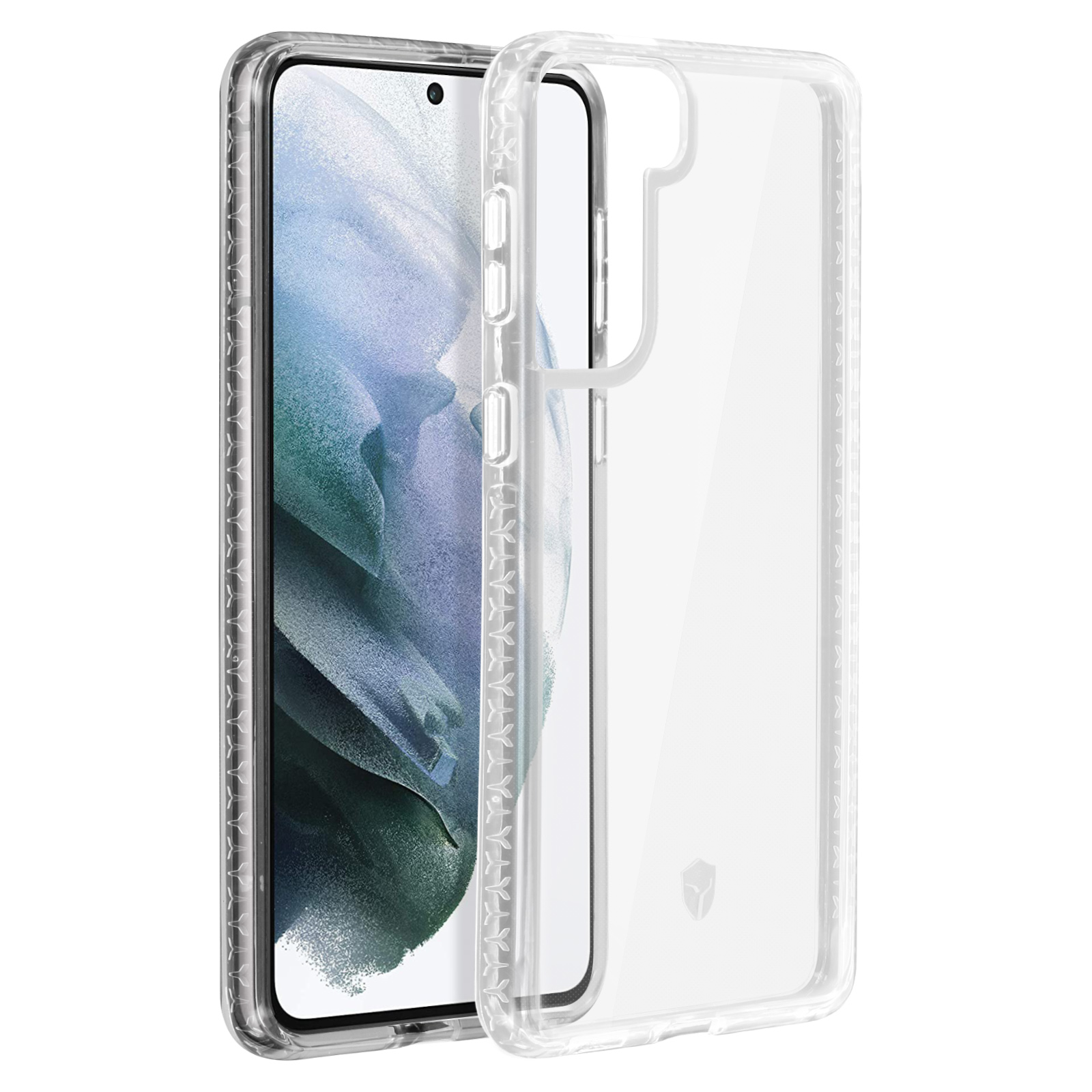Eine transparente Handyhülle mit einem Smartphone darin, zeigt die Rückseite des Telefons.