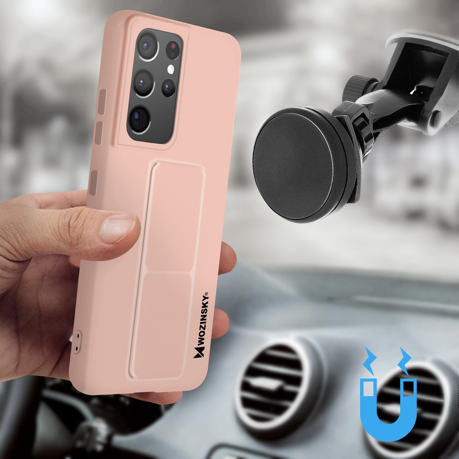 Osoba trzyma różowe etui na telefon z uchwytem samochodowym. Etui ma podpórkę.