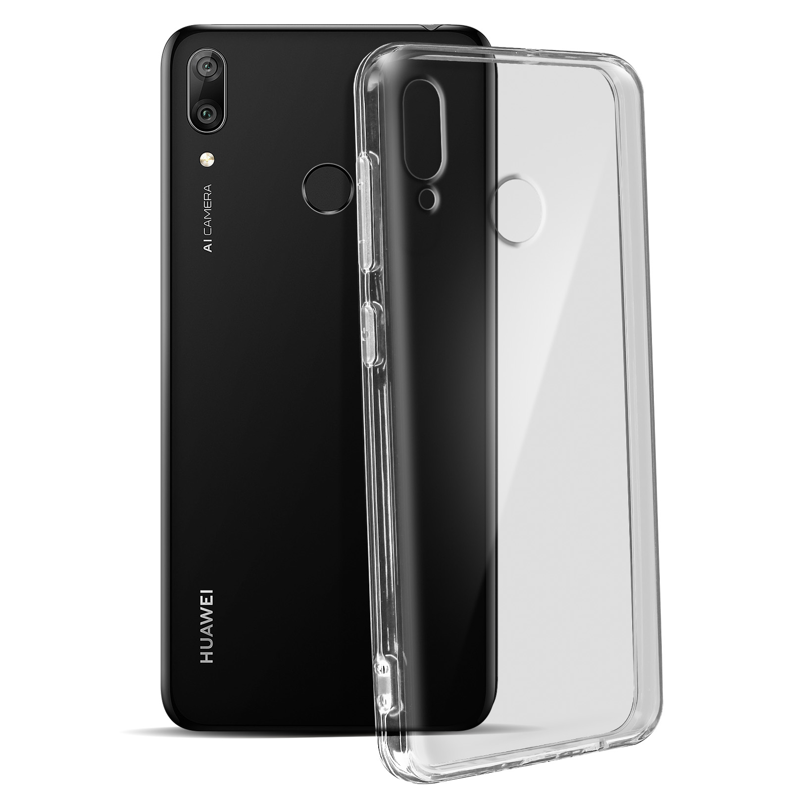 Un telefono nero con una custodia trasparente e il retro di un altro telefono è visibile.