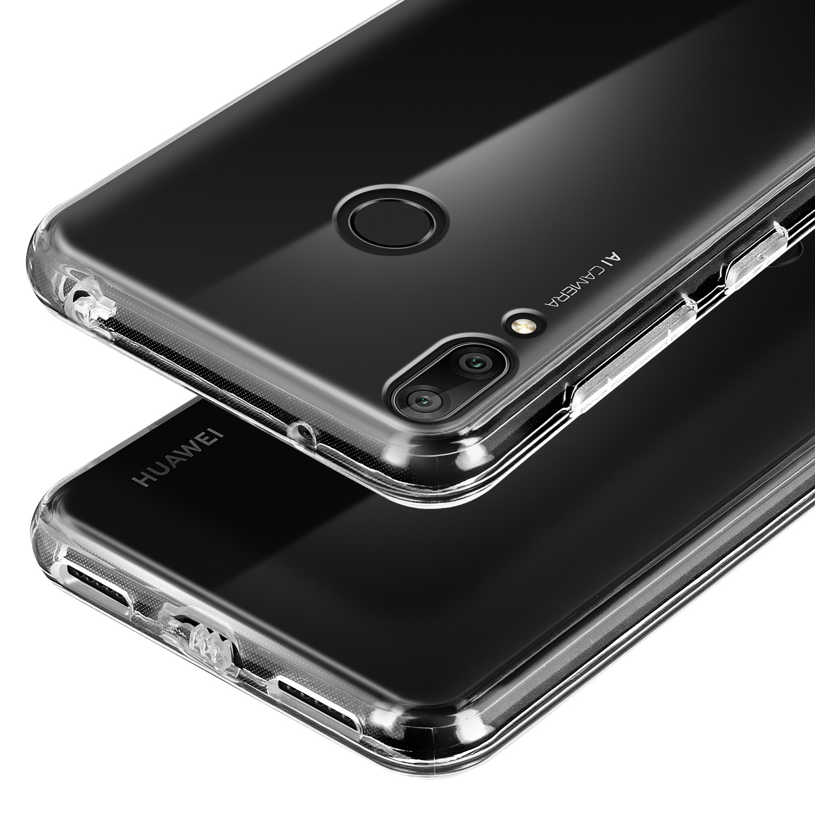 Due custodie trasparenti per telefono, una impilata sull'altra. Un logo Huawei è visibile sulla custodia inferiore.