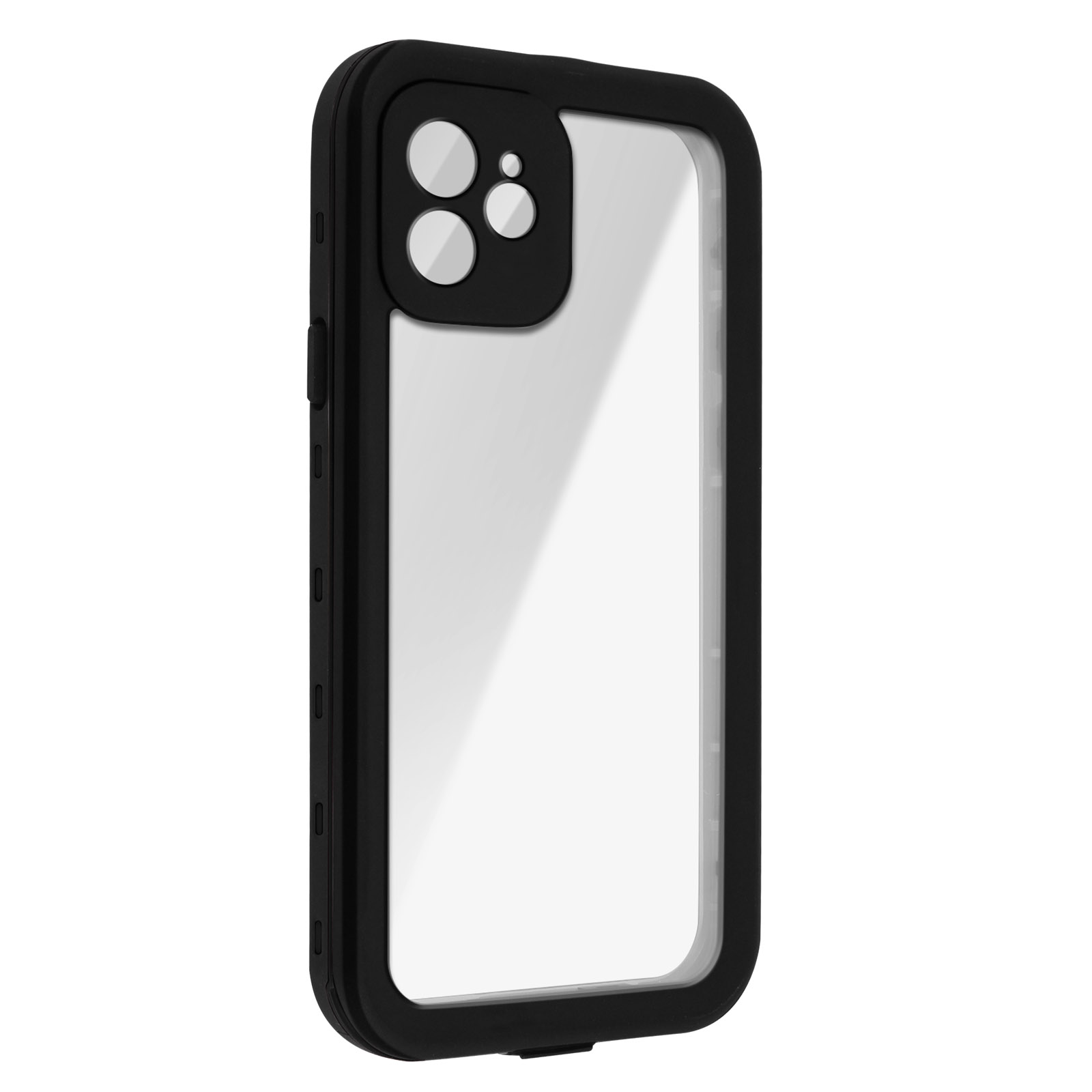 Telefono nero in una custodia impermeabile nera e trasparente.
