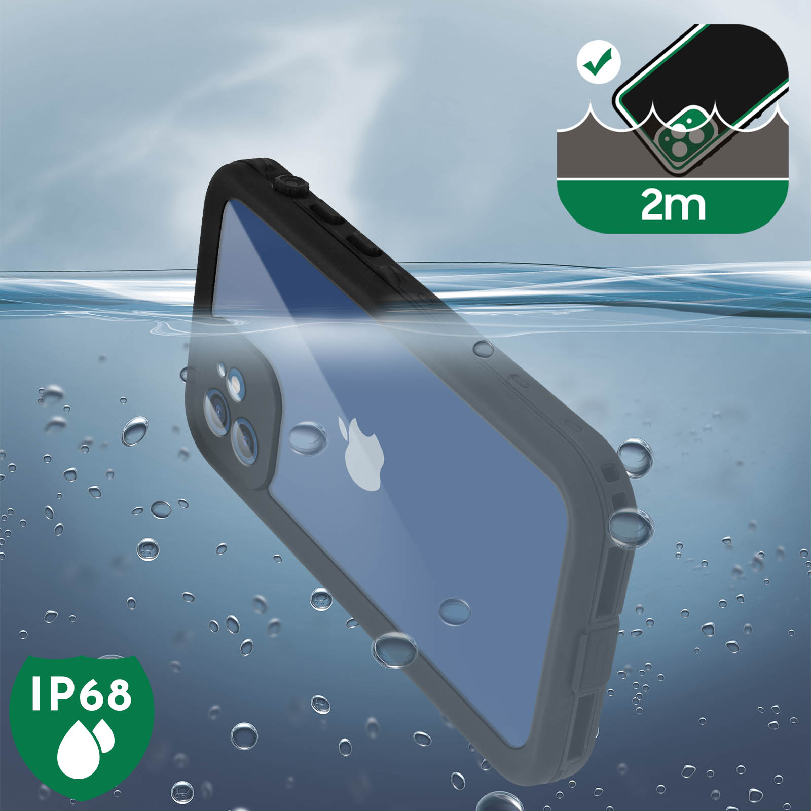 Custodia per telefono impermeabile in acqua, con bolle. Un telefono è dentro, indicatore profondità.