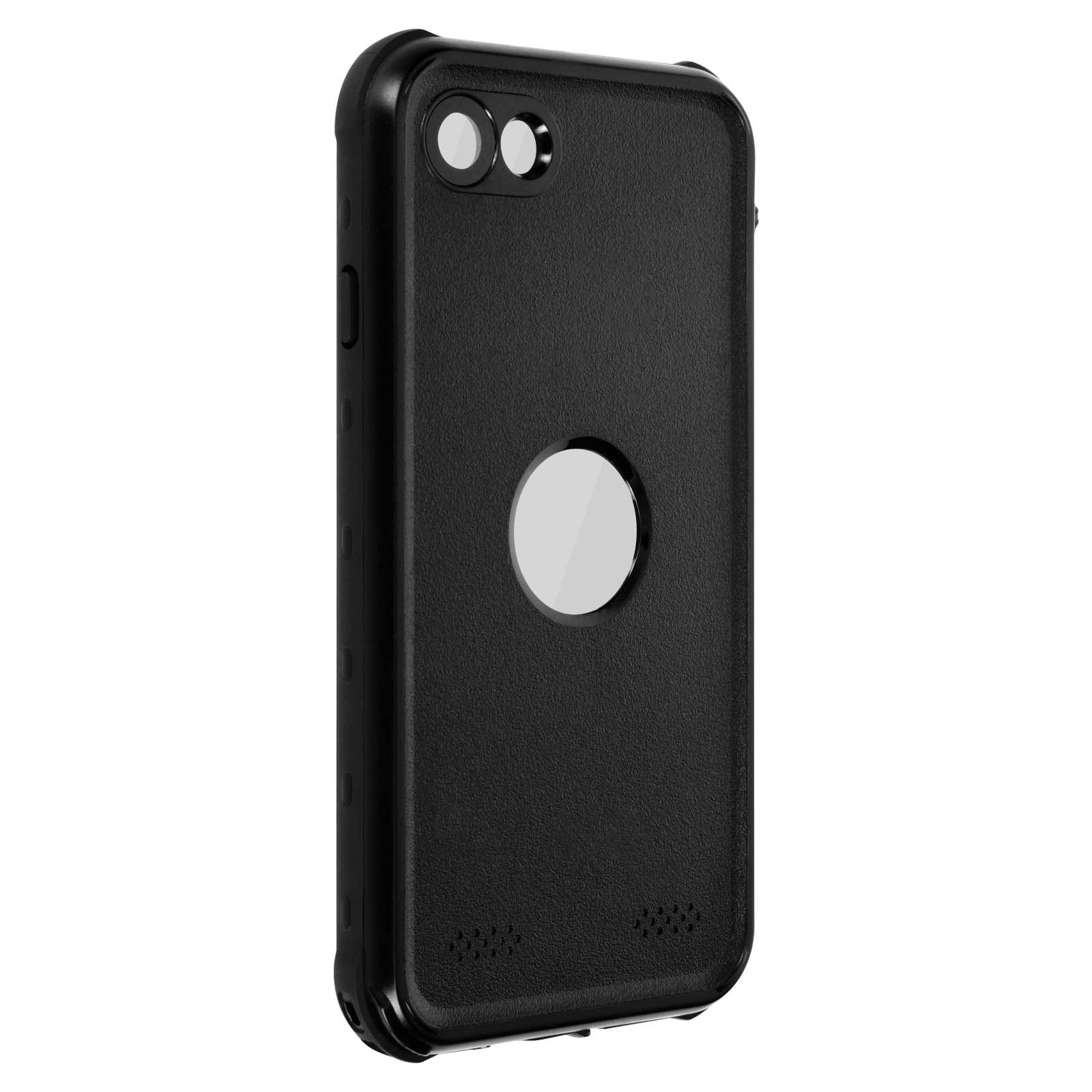 Custodia nera per telefono con fori per fotocamera e cerchio trasparente. La custodia è strutturata.