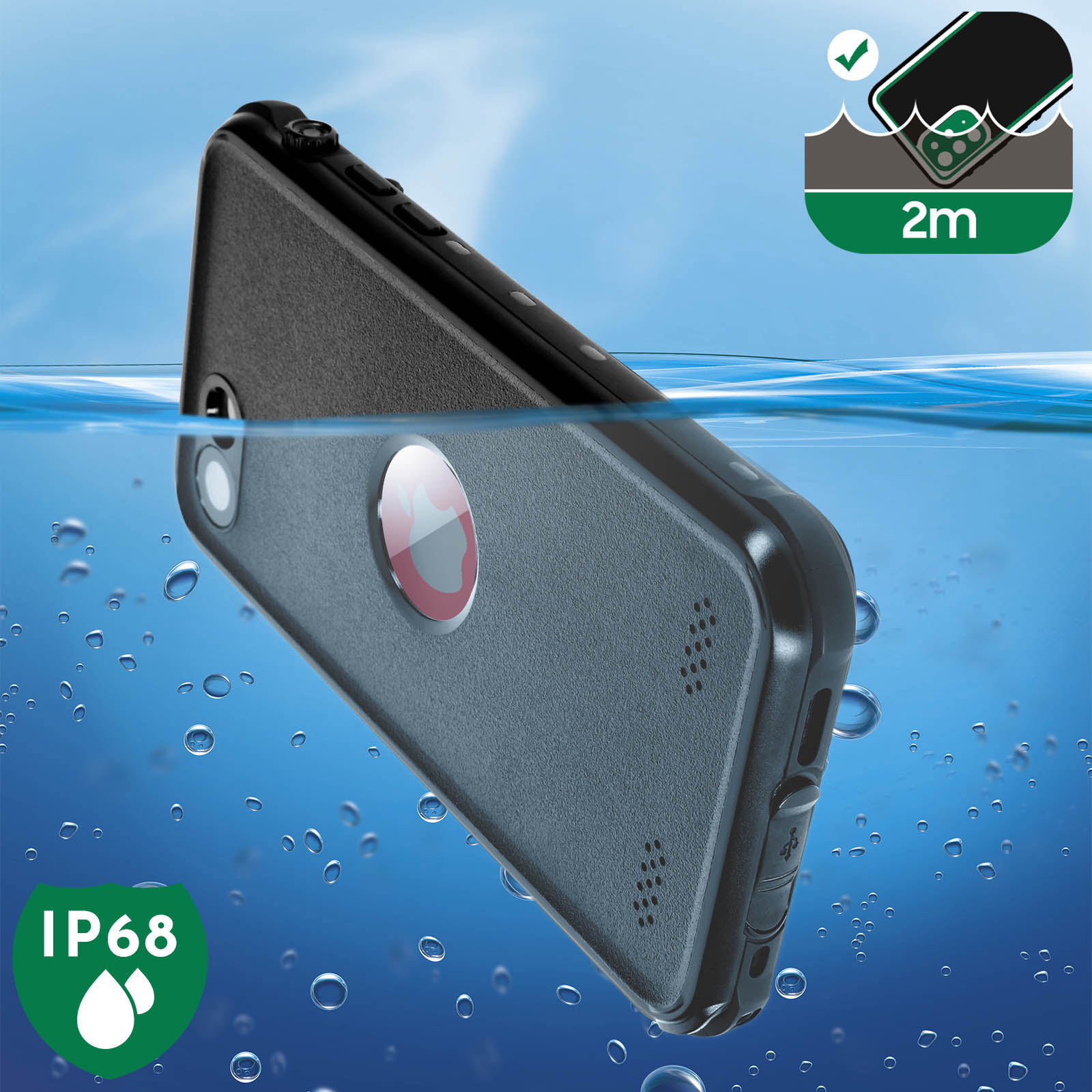 Custodia per telefono nera sommersa in acqua, con i simboli IP68 e 2m sulla superficie.