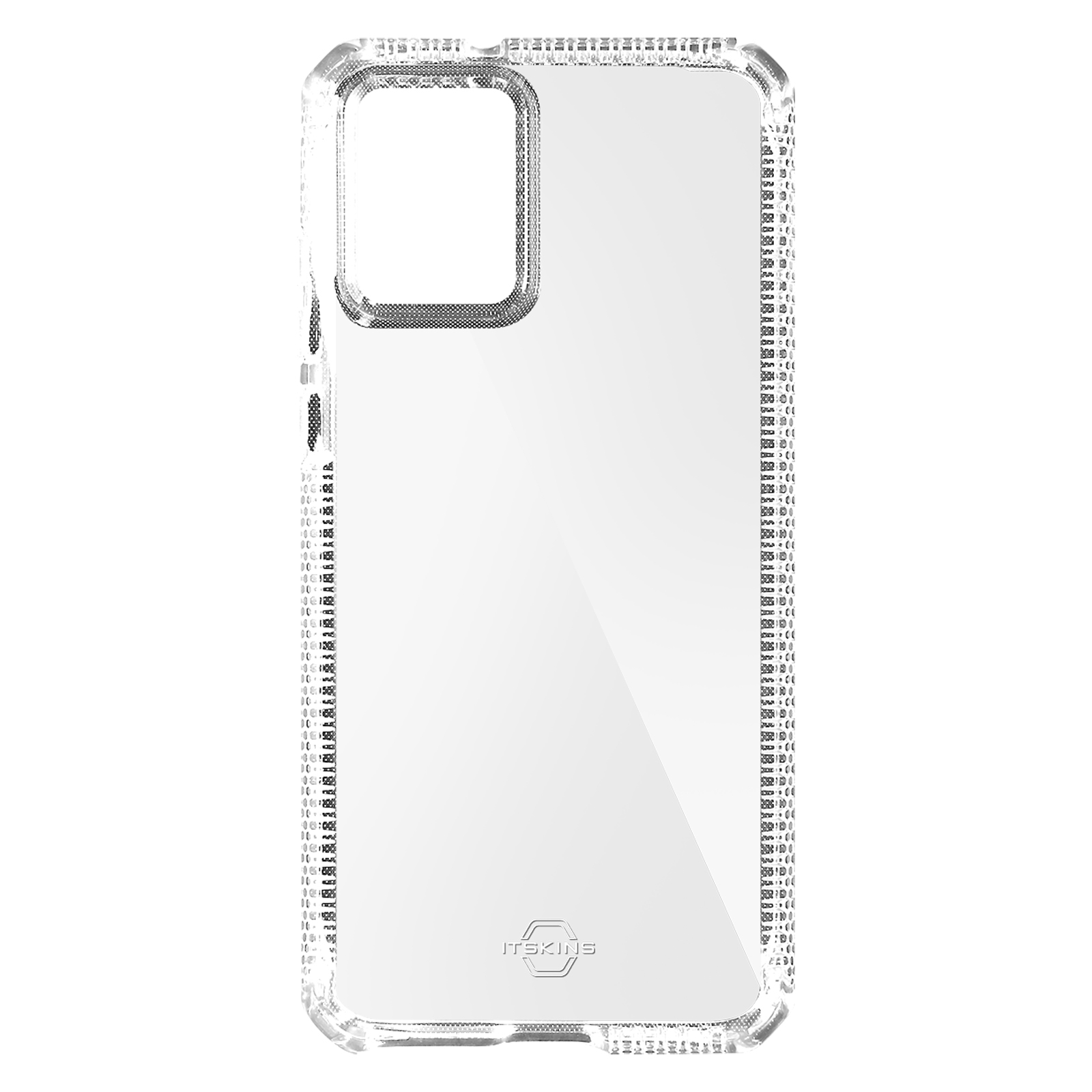 Coque de téléphone transparente, avec un design perforé. La coque est vide.