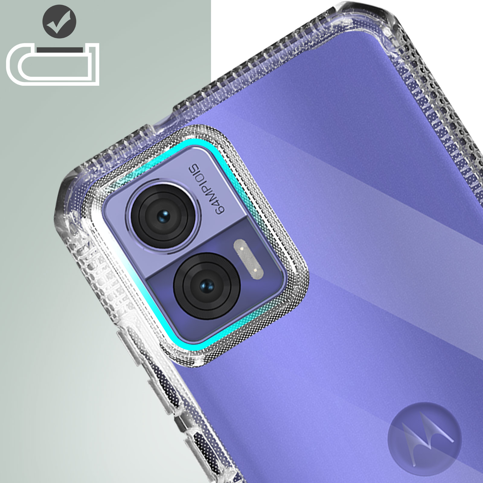 Gros plan sur coque de téléphone, dos violet, cadre transparent, configuration double caméra.