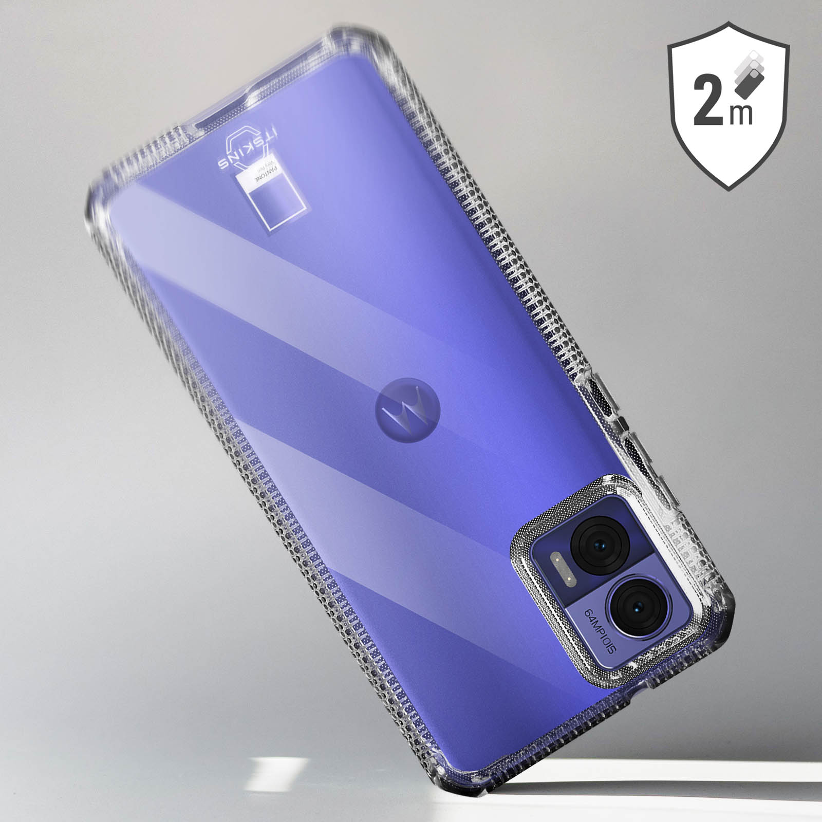 Een doorzichtige telefoonhoes op een paarse telefoon, met een beschermingspictogram van 2 m.