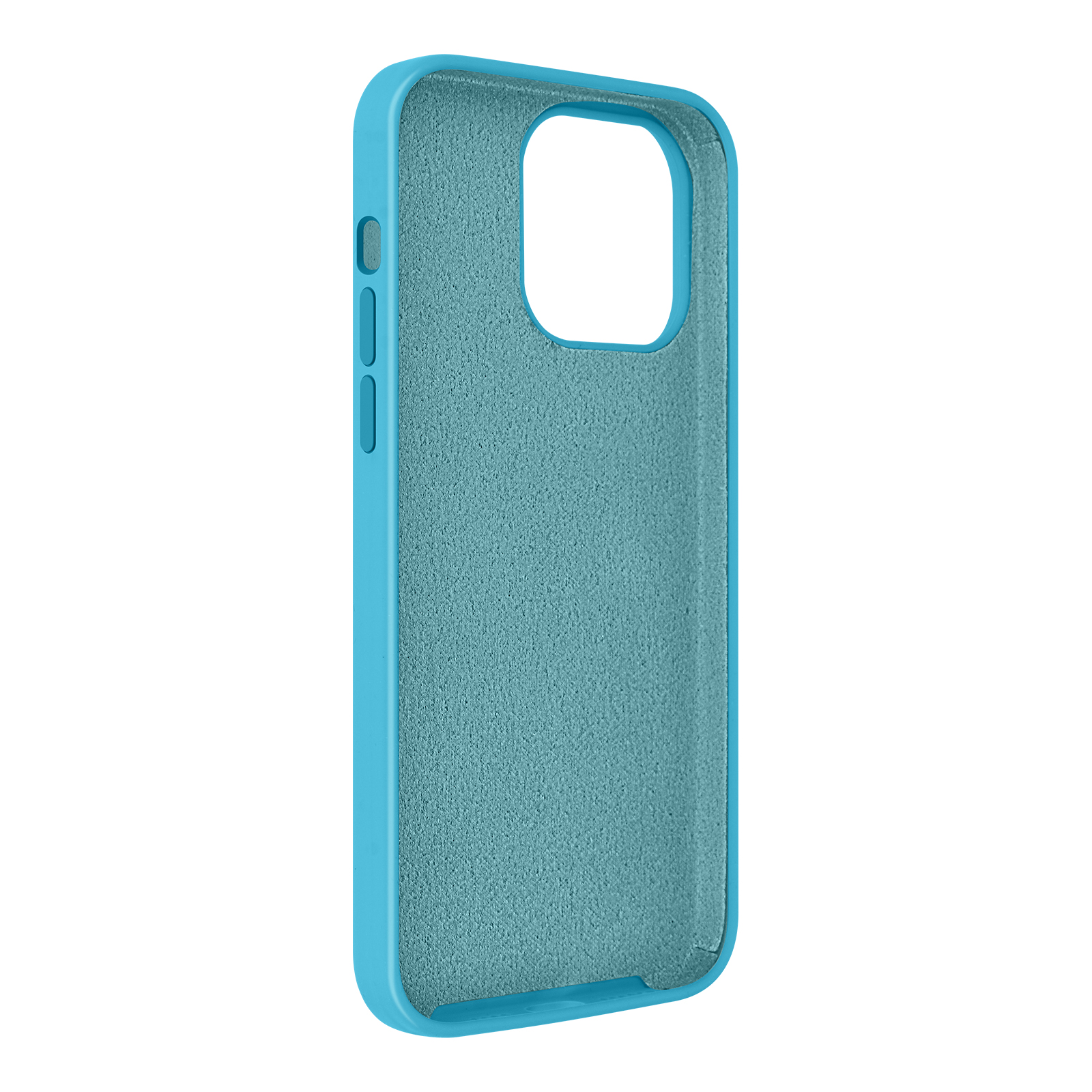 Coque de téléphone bleu clair avec intérieur assorti, sur fond blanc.
