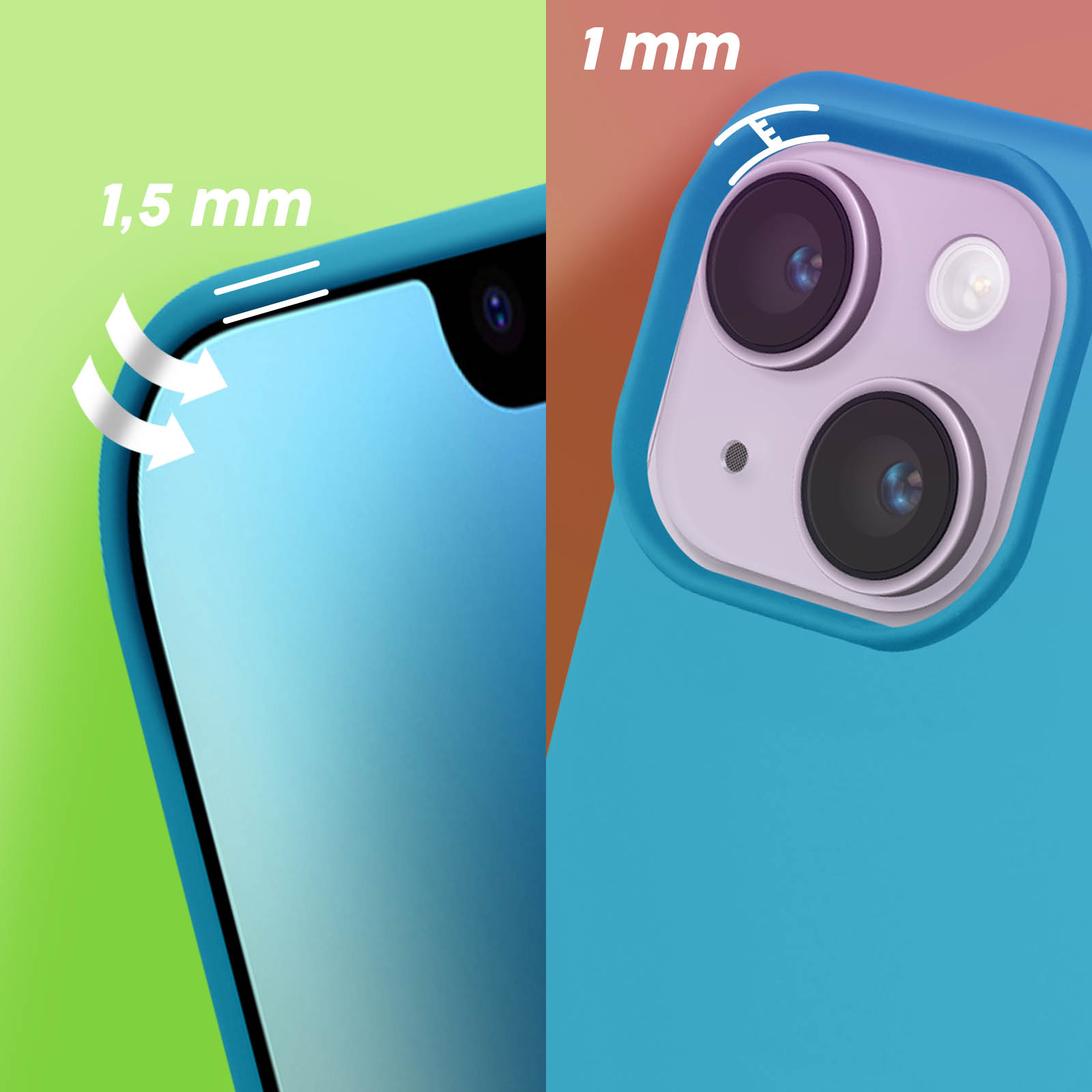Een blauwe telefoonhoes met camerabult. De linkerkant heeft een rand van 1,5 mm, de rechterkant van 1 mm.