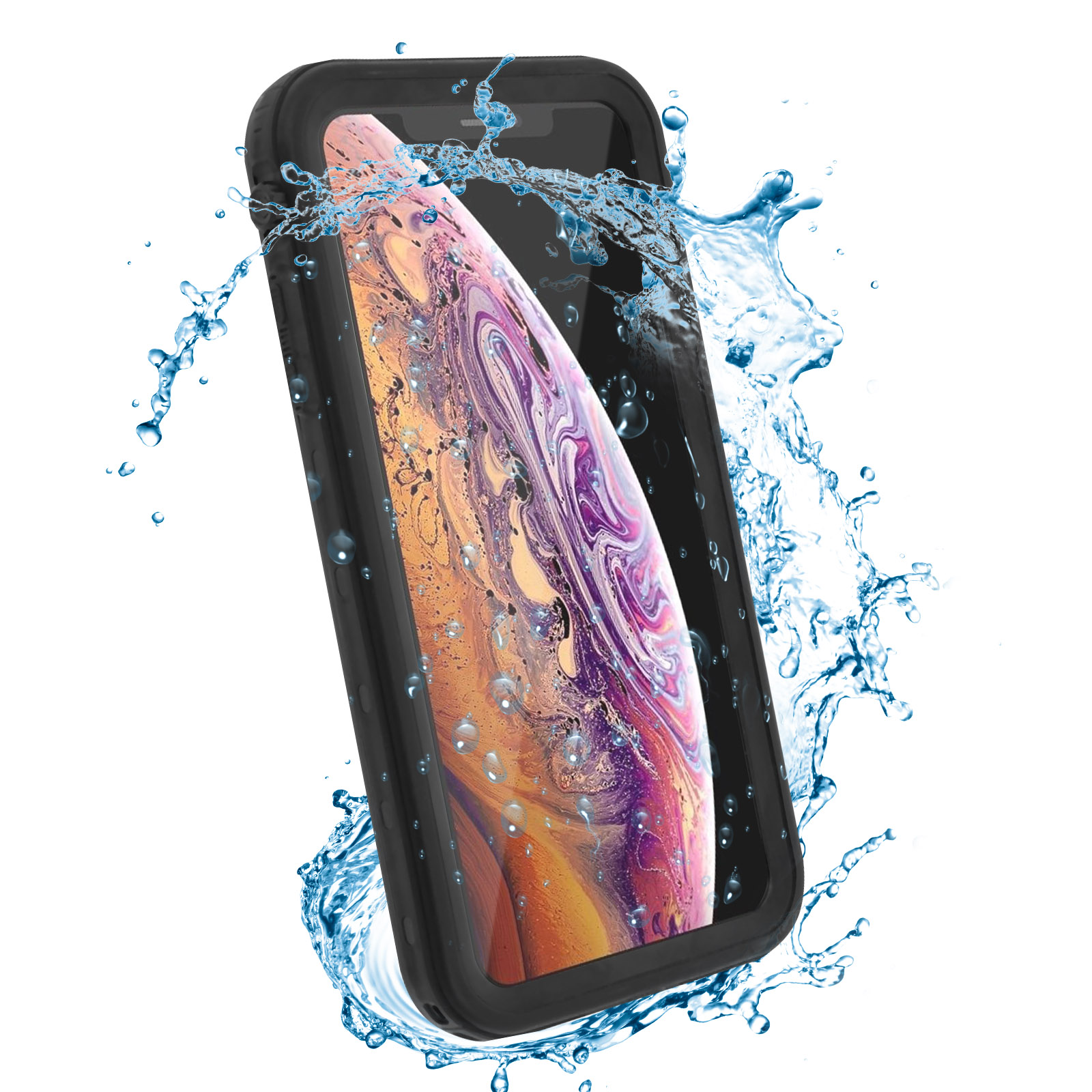 Custodia nera per telefono con telefono all'interno, circondata da spruzzi d'acqua.