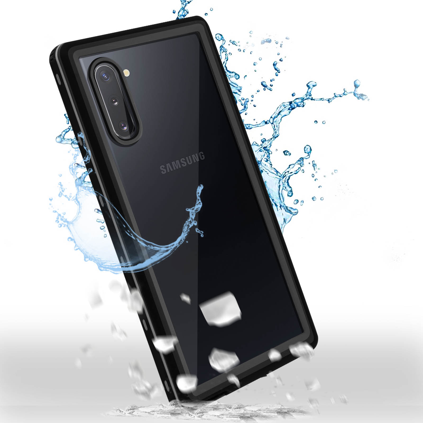 Custodia nera per telefono con gocce d'acqua. Un telefono Samsung è visibile attraverso il retro trasparente.