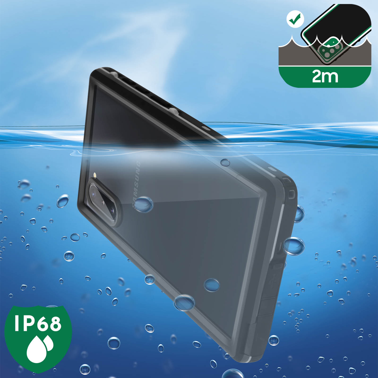 Un telefono in una custodia nera immerso nell'acqua, con bolle intorno. La custodia è classificata IP68.