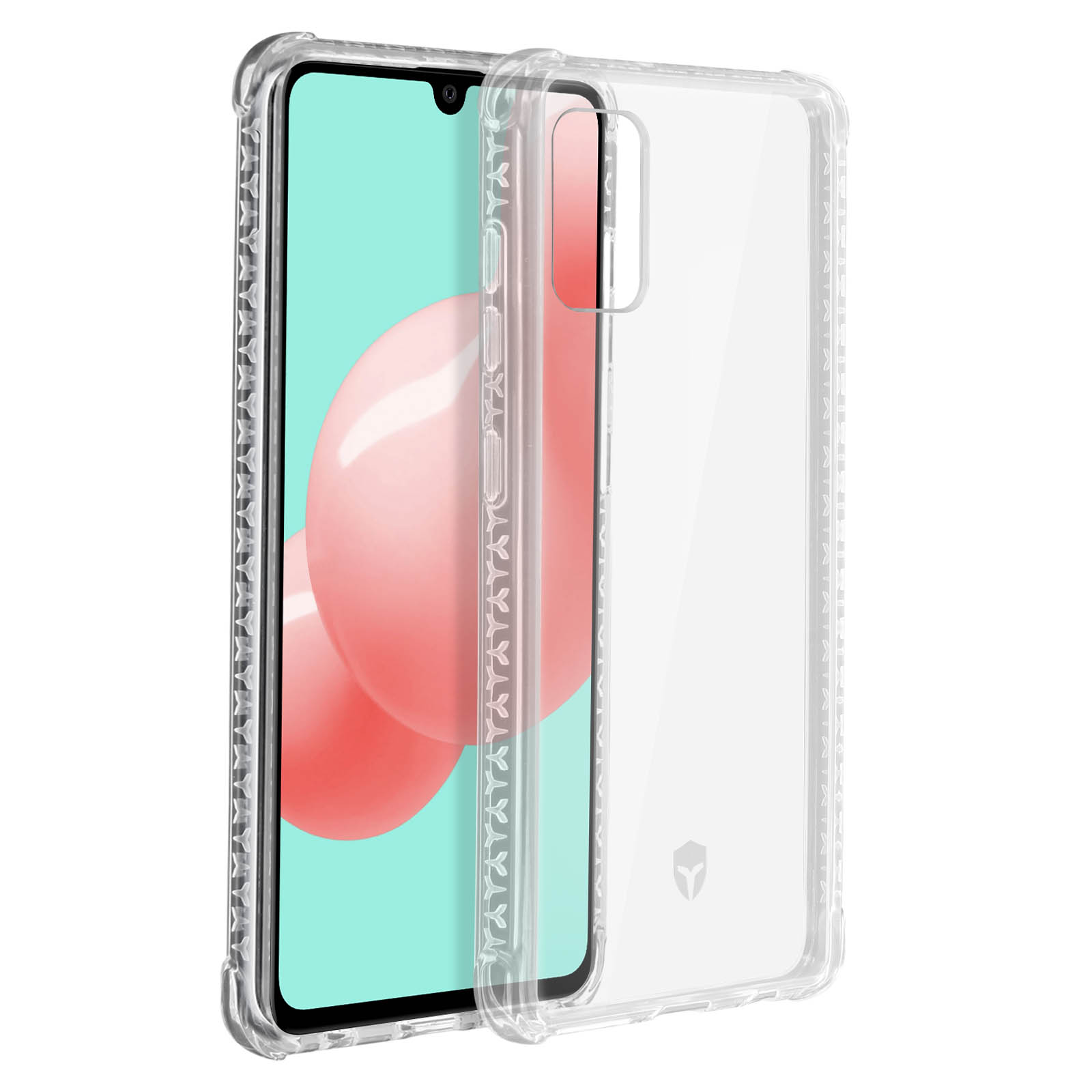 Een doorzichtig telefoonhoesje over een telefoon. De achtergrond heeft een roze en wit ontwerp.