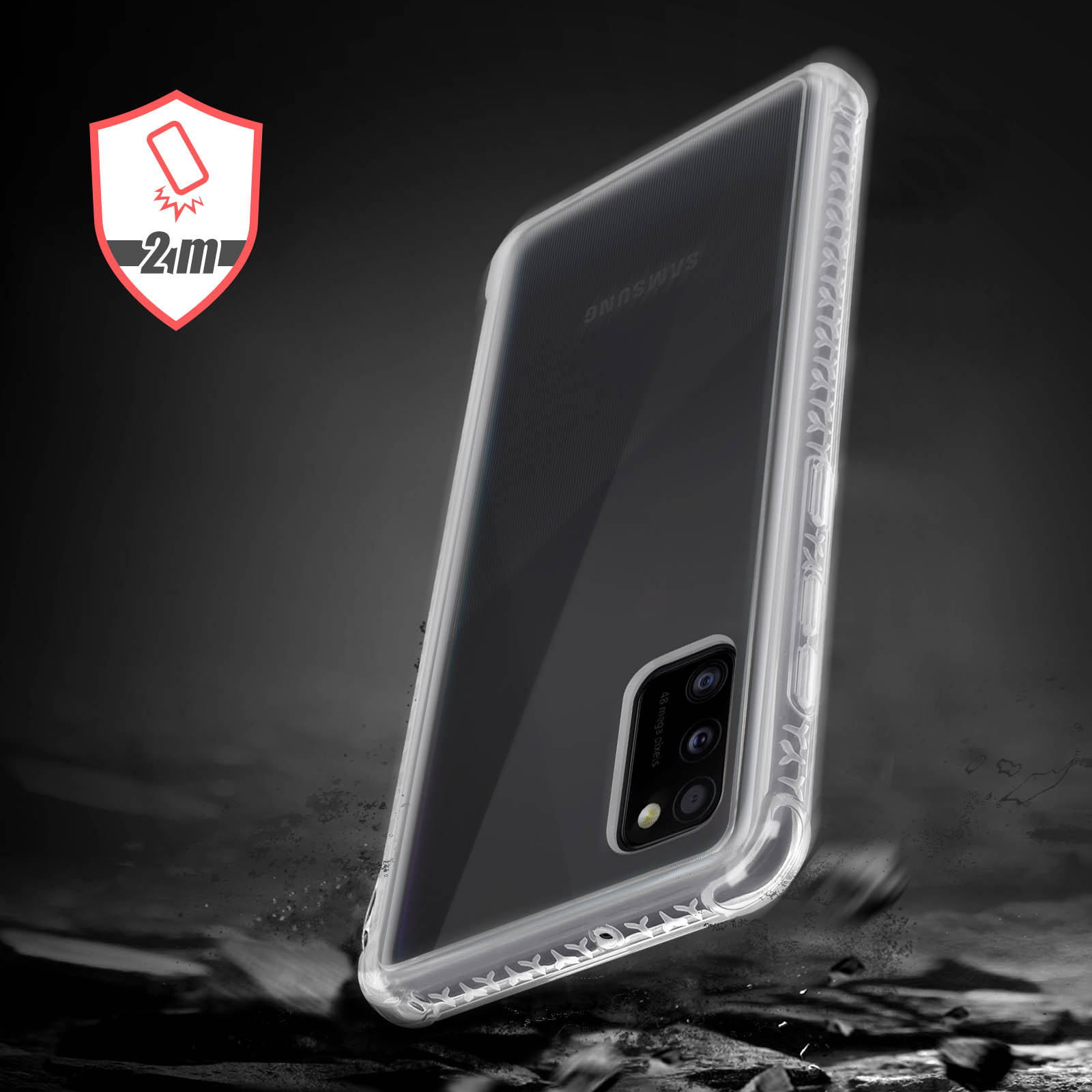 Un téléphone est dans une coque transparente avec un design protecteur. Une icône de bouclier rouge est dans le coin.