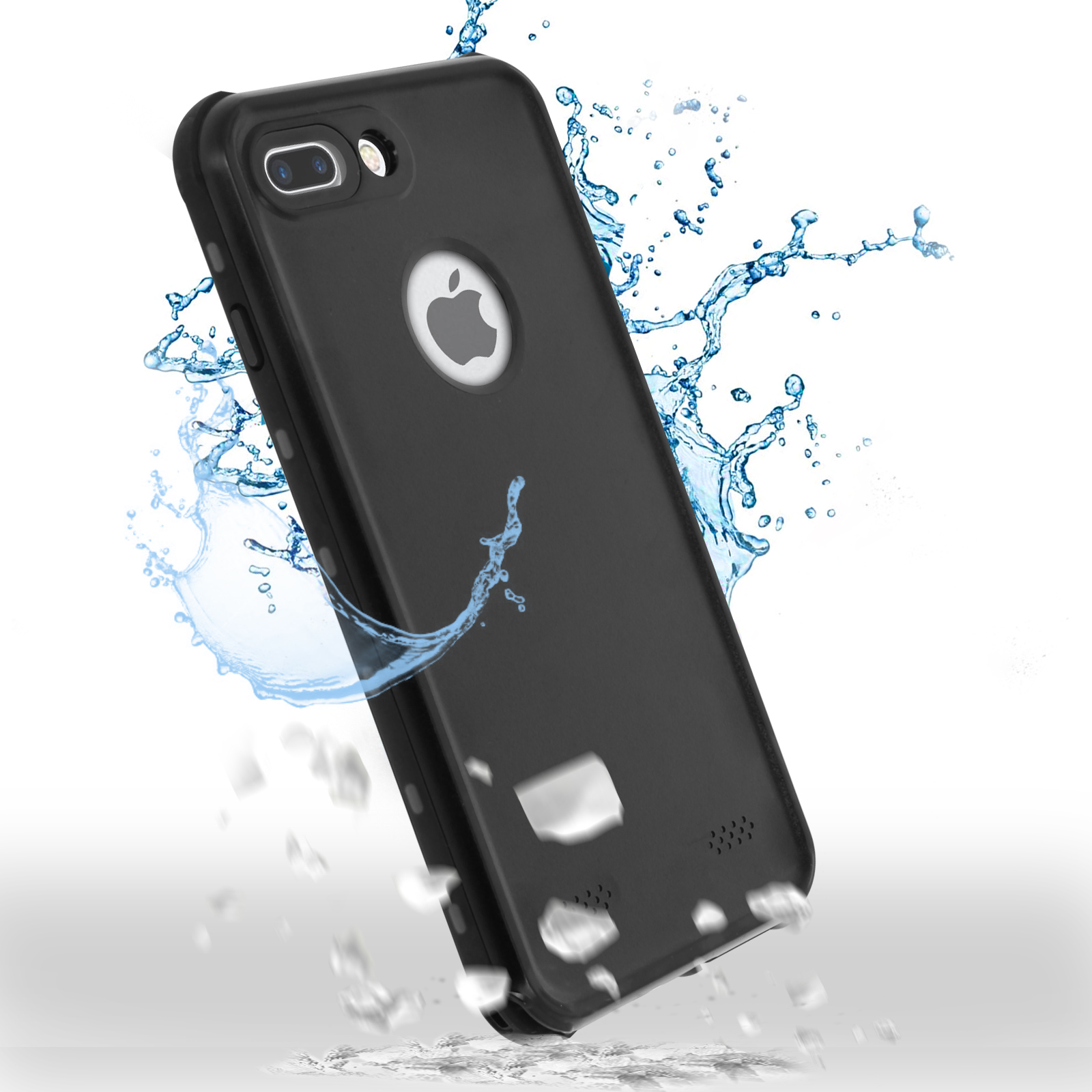 Schwarzes Telefon in wasserdichter Hülle mit Wasserspritzern, isoliert auf weißem Hintergrund.