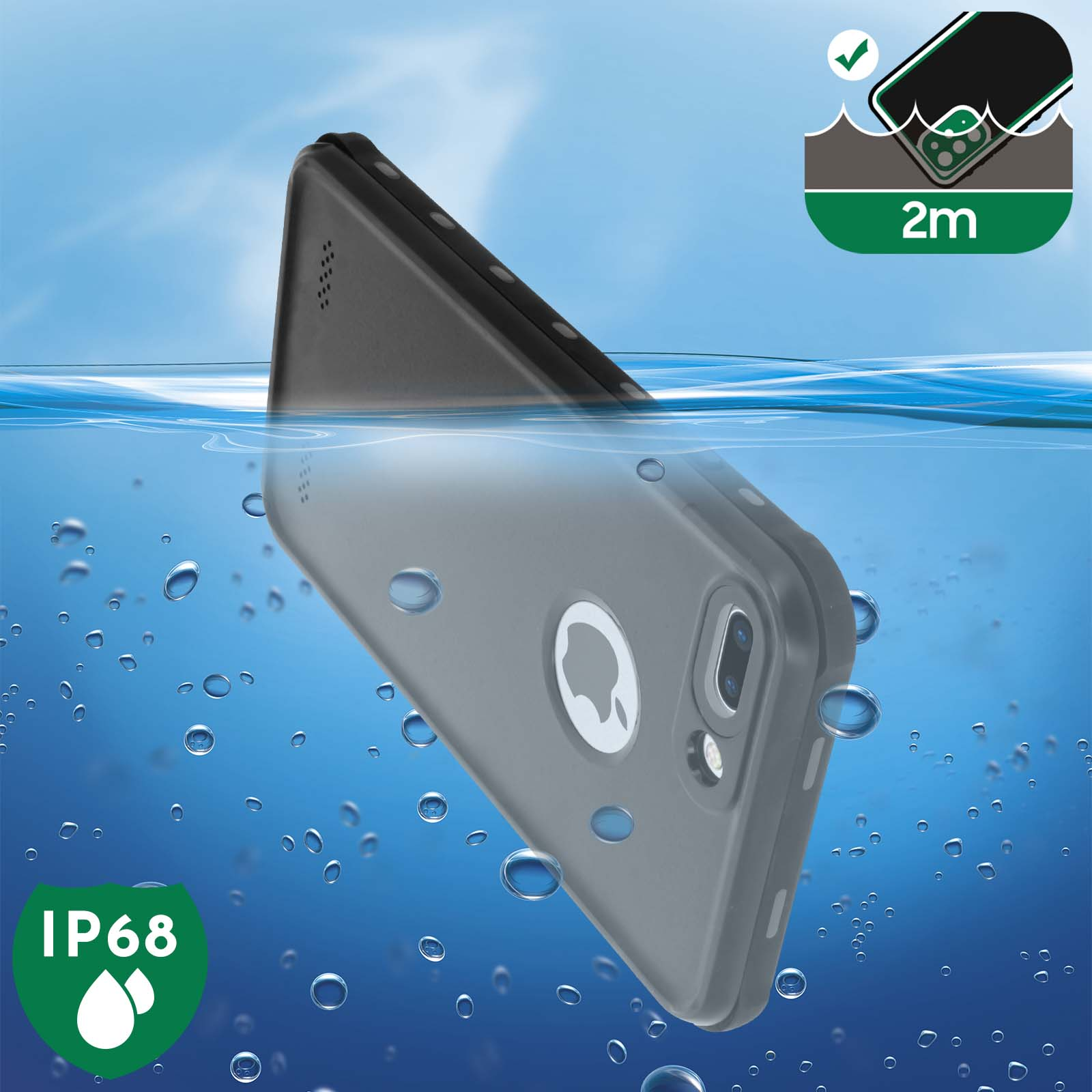 Telefon in Wasser getaucht, in wasserdichter Hülle. Zeigt IP68 und 2m wasserdichte Etiketten.