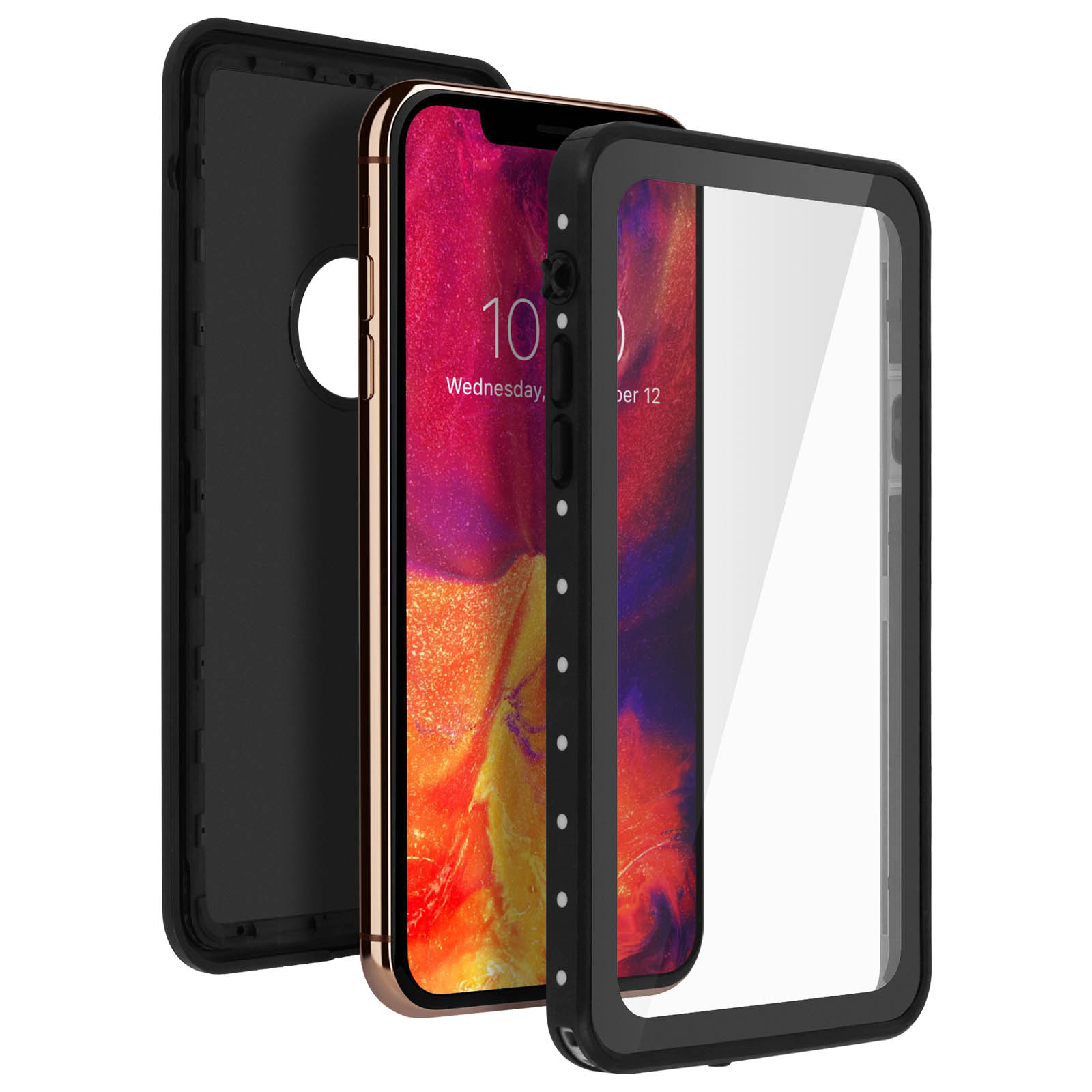 Una custodia per telefono che mostra un telefono all'interno. Custodia nera con coperchio trasparente.