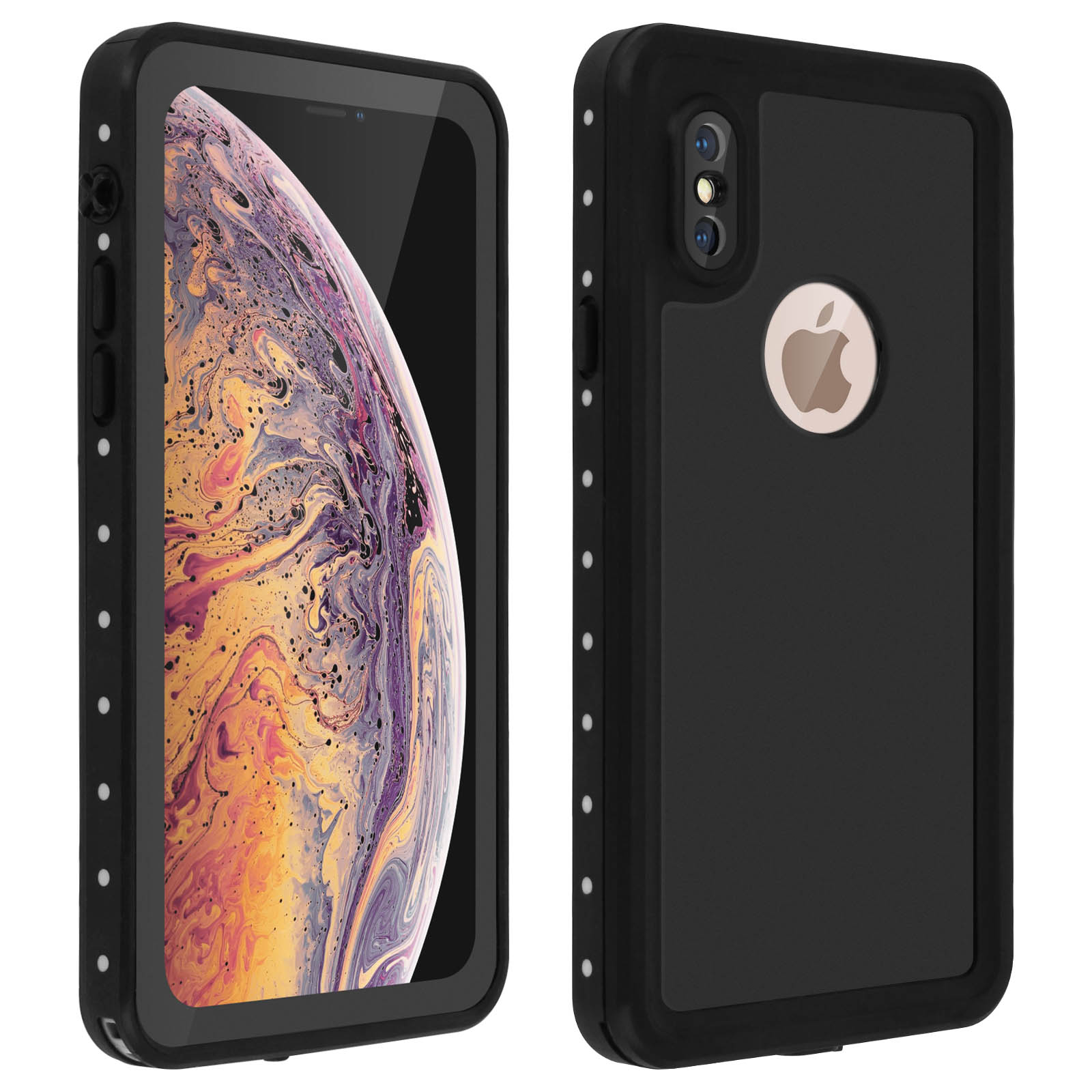 Una custodia nera per iPhone con schermo visibile. Ha un logo Apple bianco e un design impermeabile.