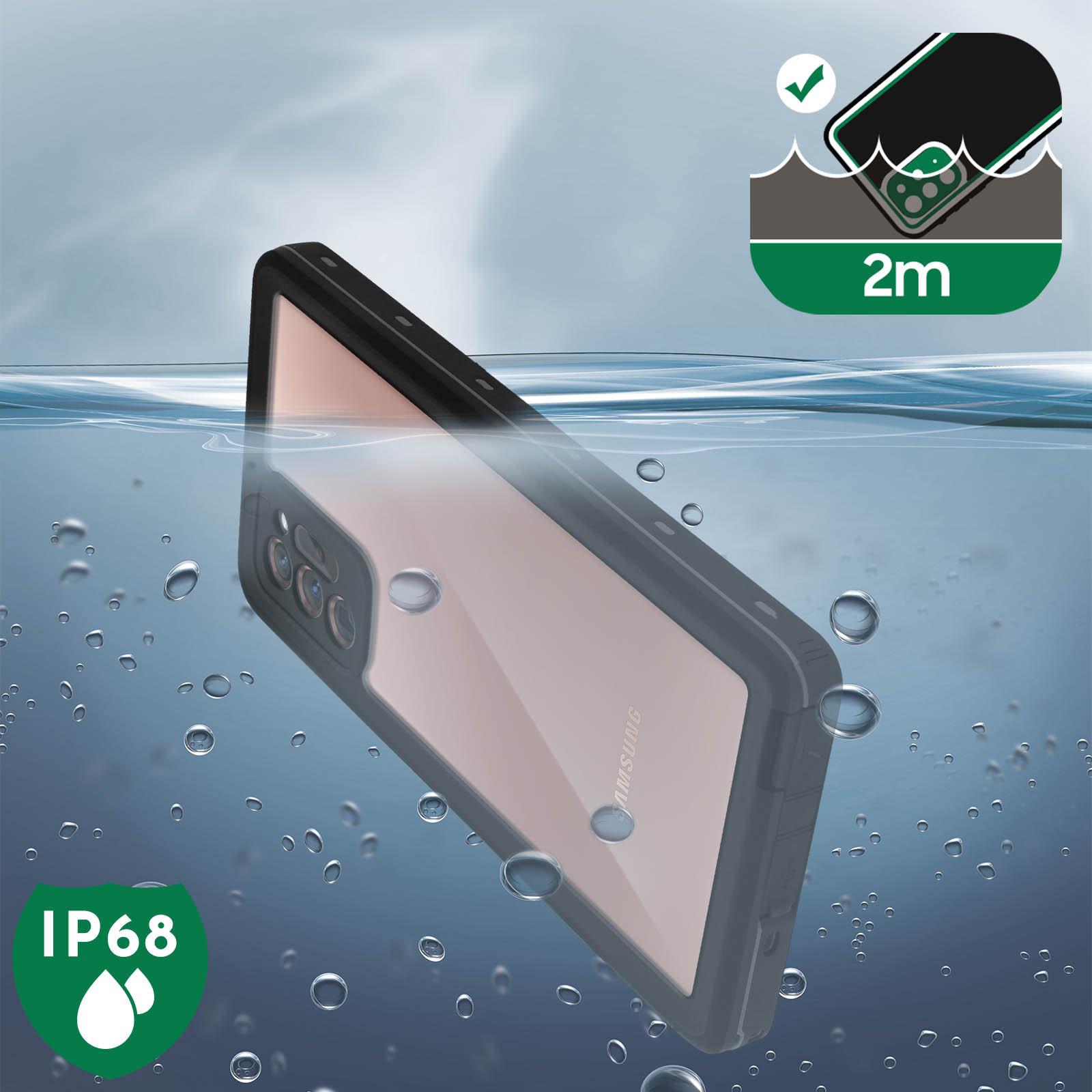 Una custodia del telefono immersa. Etichetta IP68 visibile. Bolle intorno al telefono.
