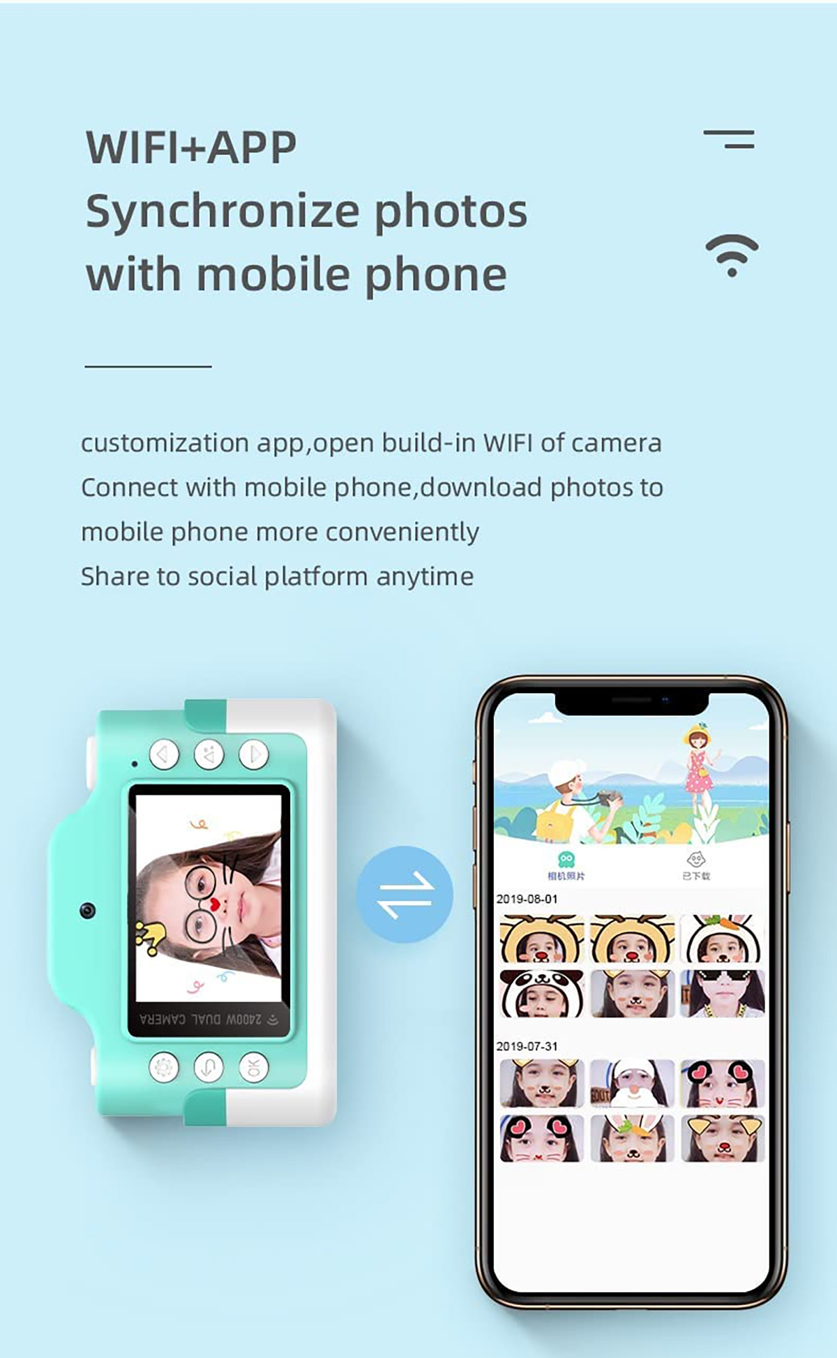 Ein Telefonbildschirm zeigt eine Kamera-App-Oberfläche neben einem anderen Telefon mit App-Details.