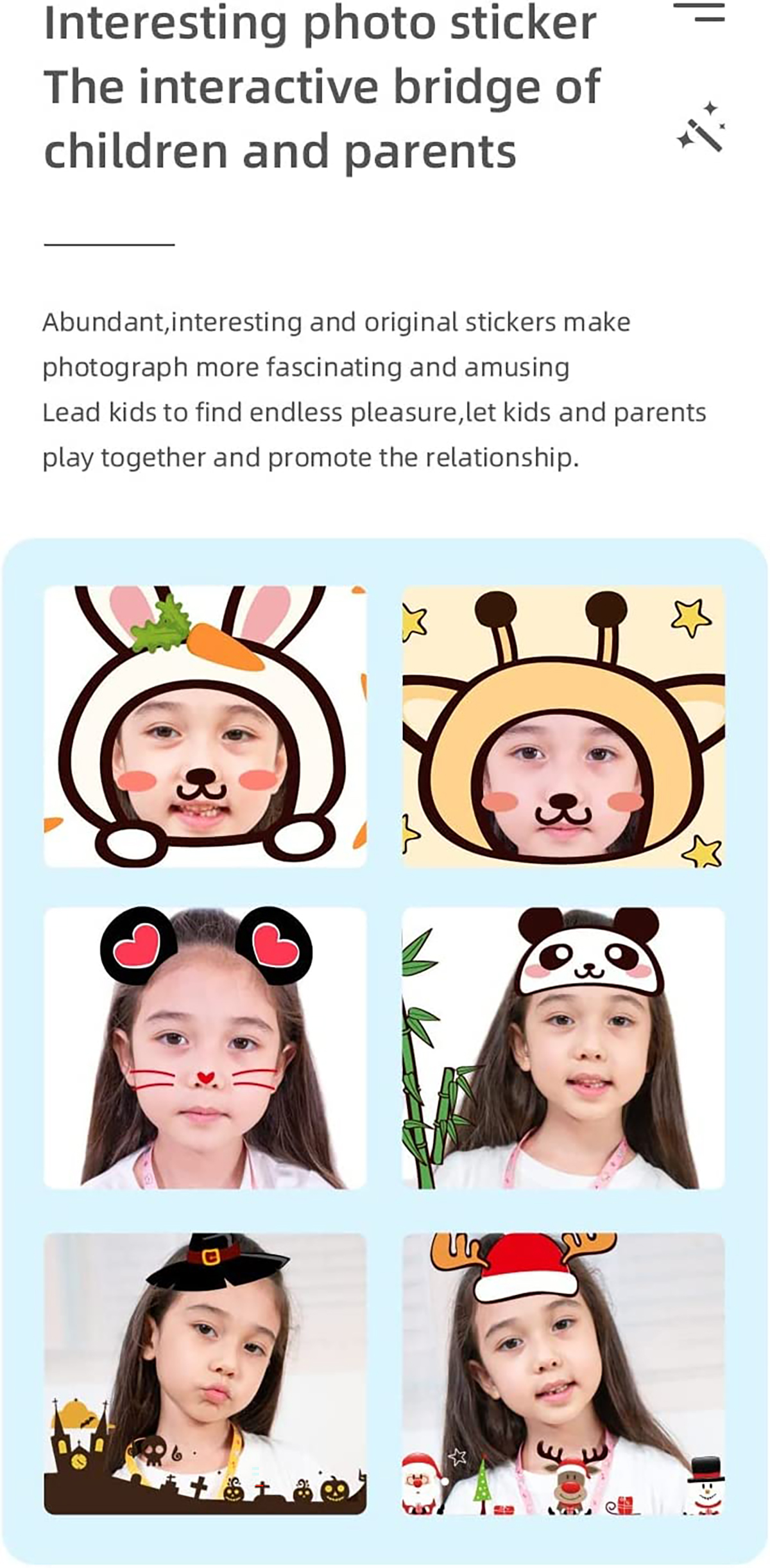 Kinderfotoaufkleber mit Cartoon-Gesichtern. Eine Vielzahl von bunten Designs.