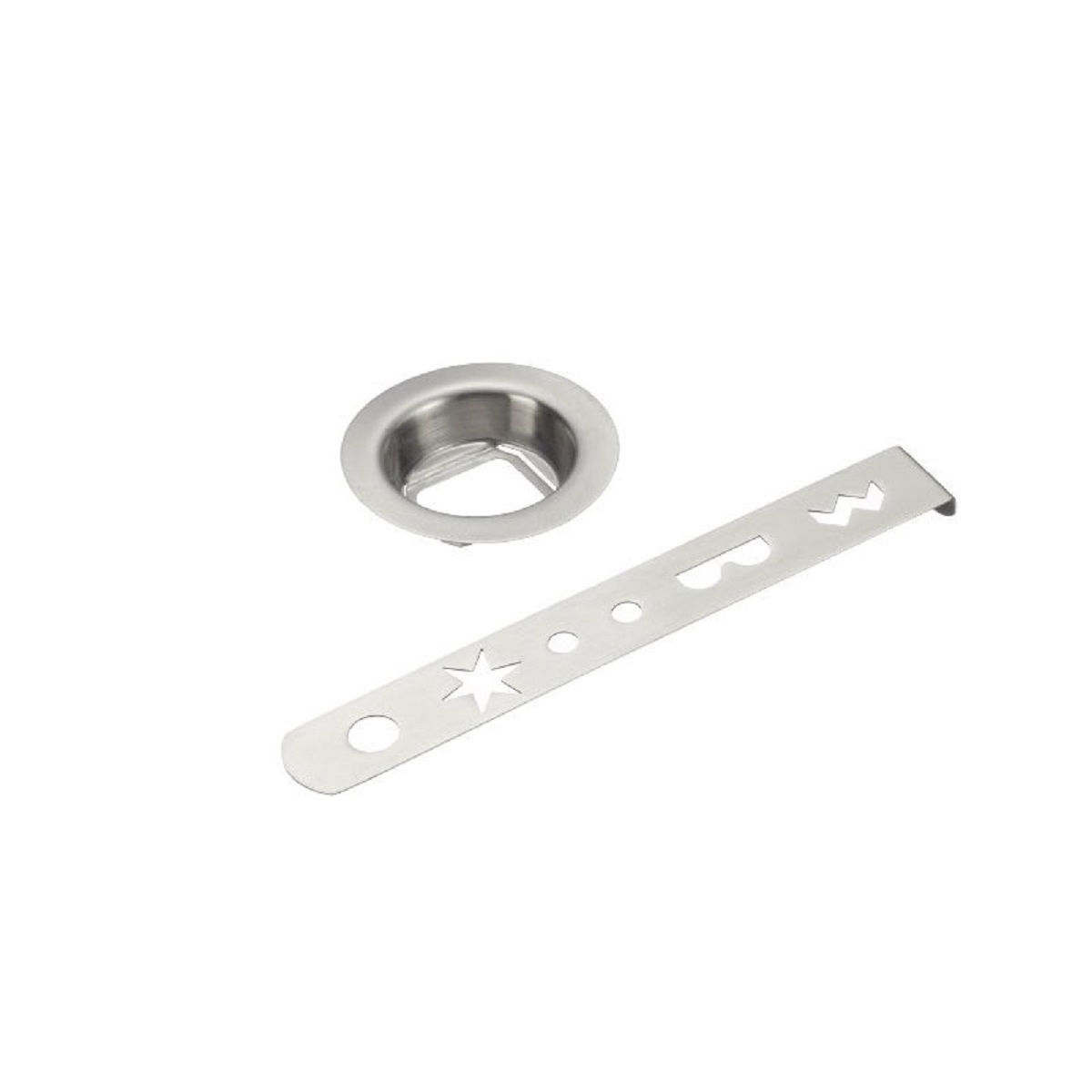 Metallteile für Küchenutensilien. Ein Ring und ein Streifen mit ausgeschnittenen Formen.