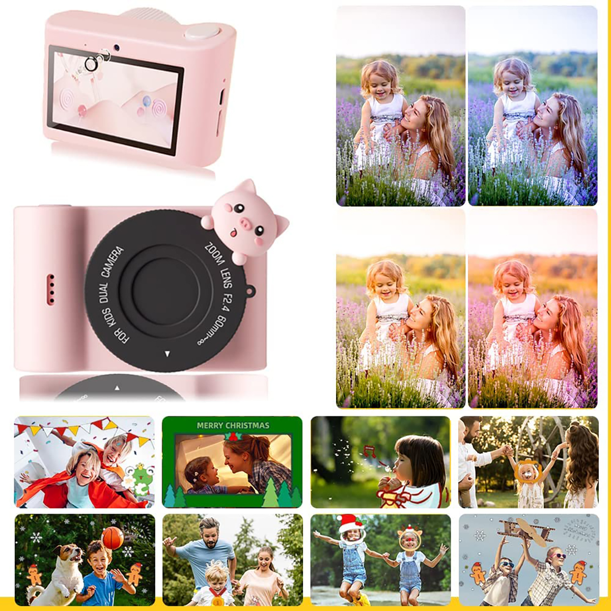 Cámara de juguete rosa con cerdo adjunto. Múltiples fotos de niña y mujer en campo con varios efectos.