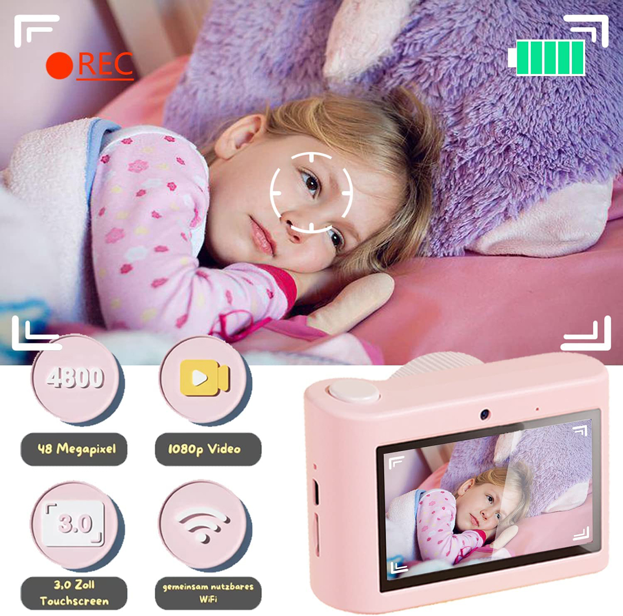Una niña yace cerca de una almohada, una cámara rosa con funciones y un icono de grabación se muestran.