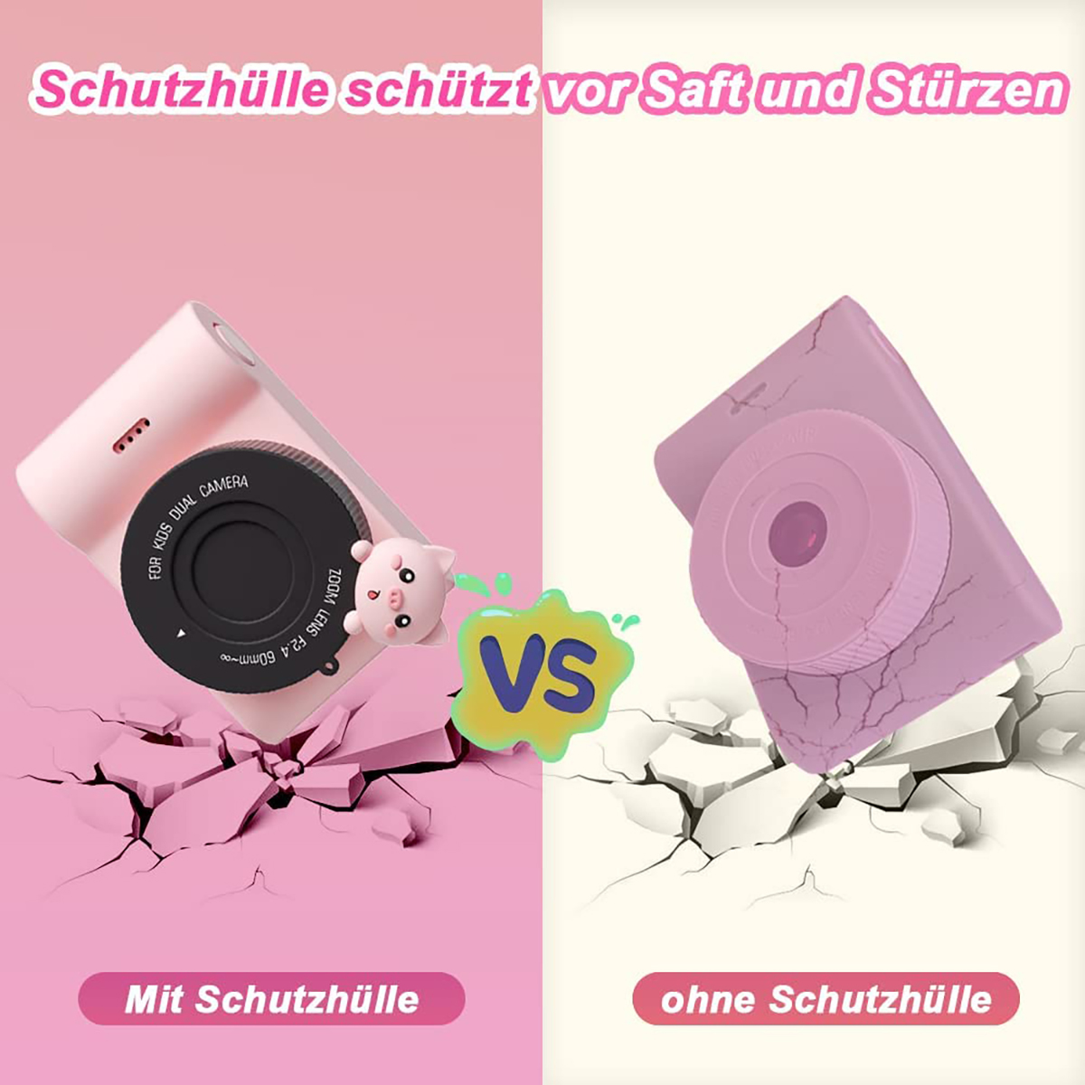 Rosa Kamera mit Schutzhülle vs. ohne. Rosa und weißer Hintergrund.