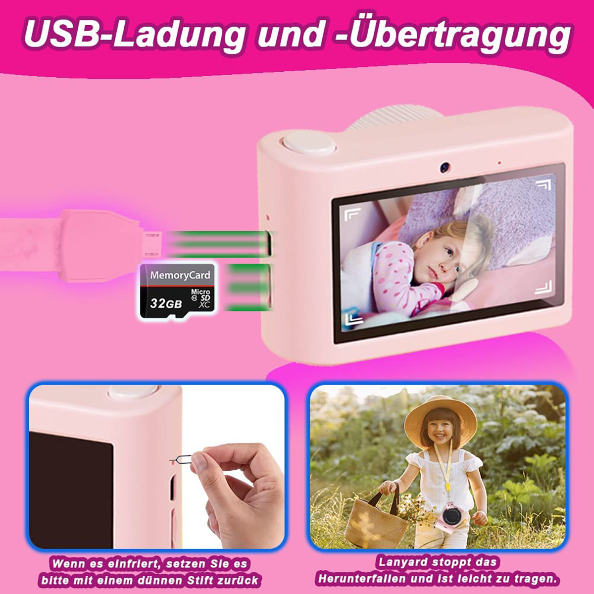Eine rosa Spielzeugkamera mit Zubehör. Anweisungen, Aufkleber und ein Ladekabel sind sichtbar.