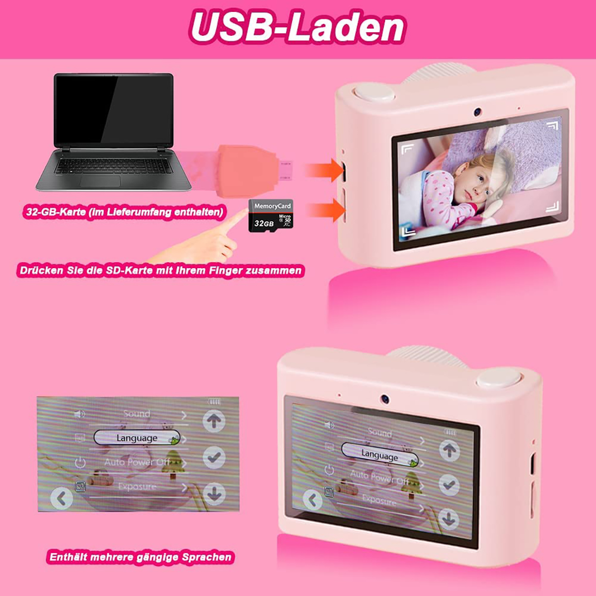 Eine rosa Kamera wird angezeigt, mit einer SD-Karte und einem Laptop. Das USB-Laden wird hervorgehoben.