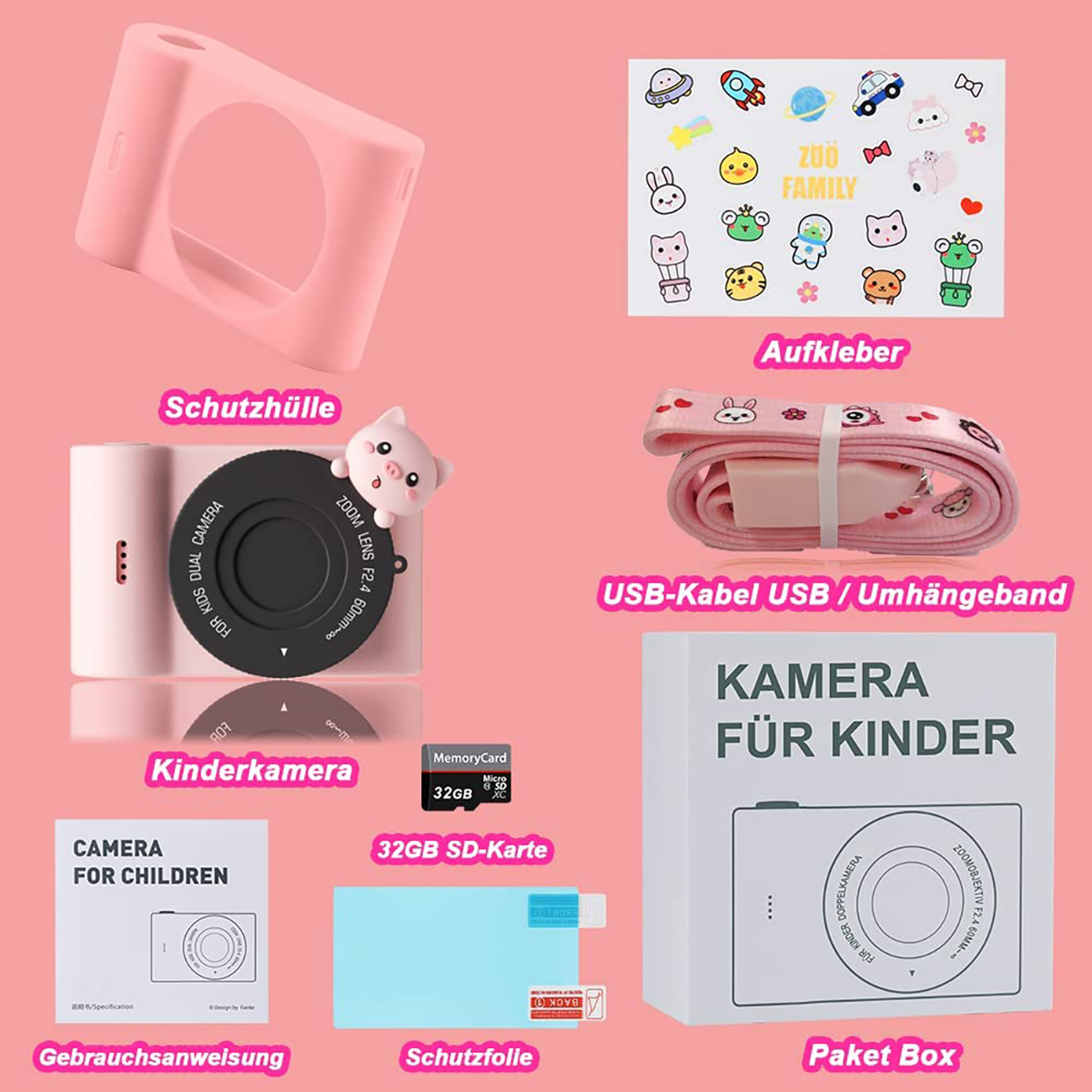 Una cámara rosa para niños con funda protectora, pegatinas y manual de usuario. Se muestran los accesorios.