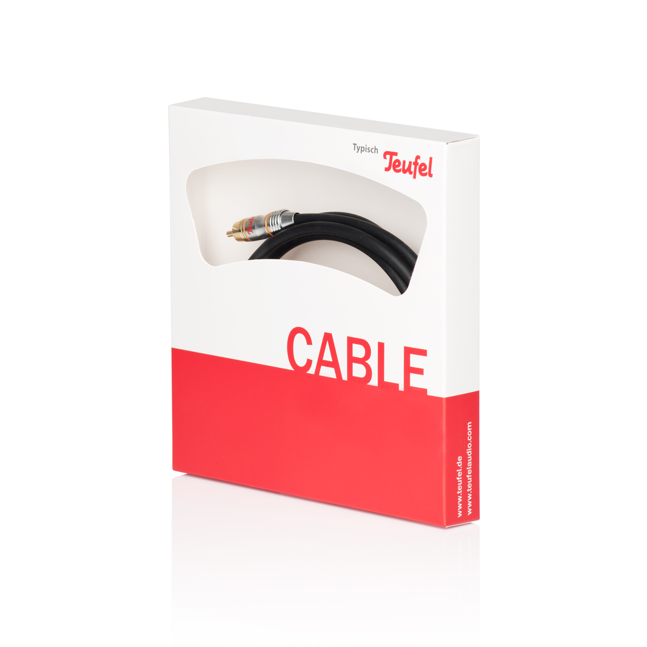 Weiße Box mit roter Basis, Kabel sichtbar. Text 'CABLE'. Teufel Logo. Produktname und Website.