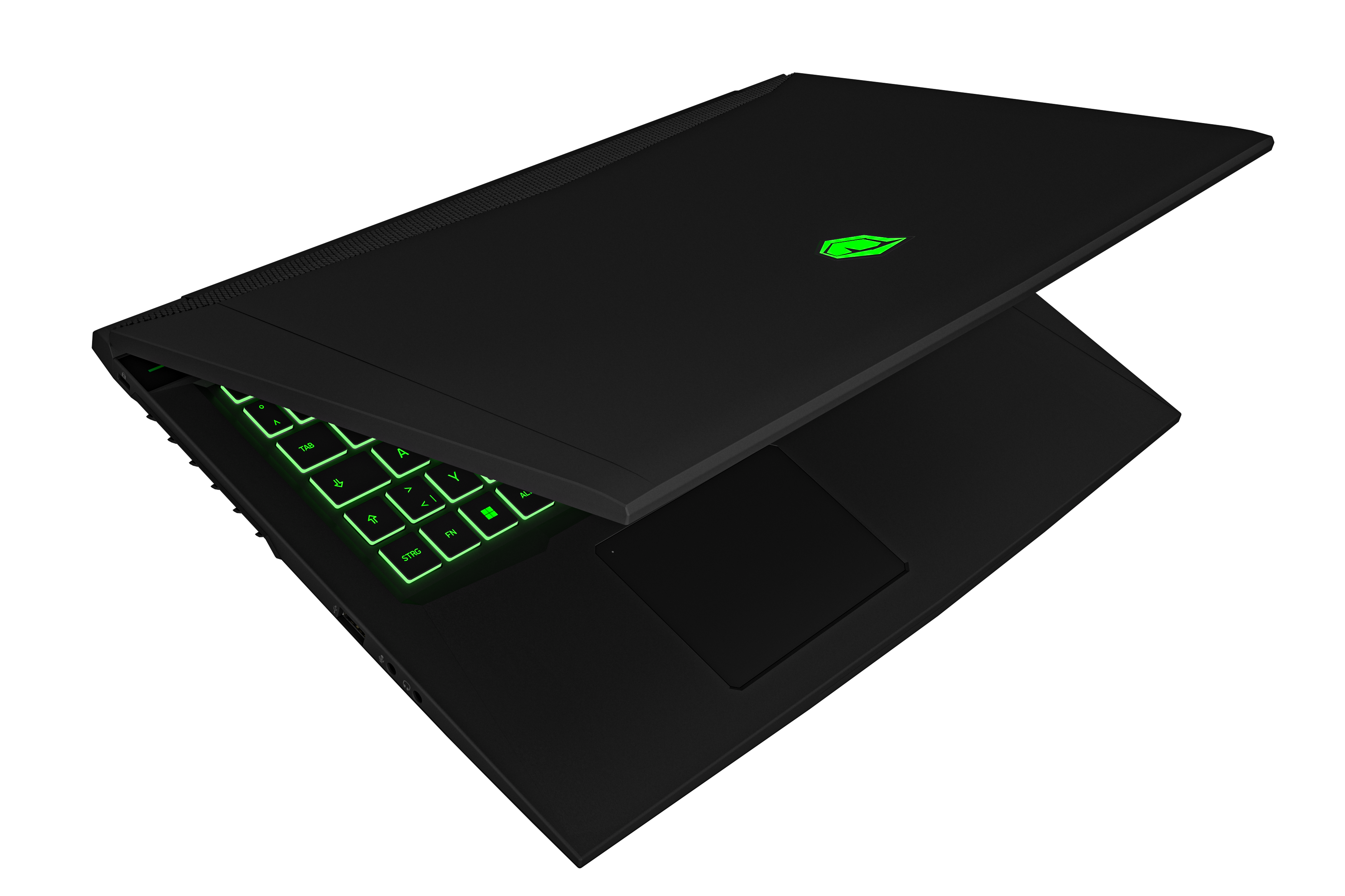 Czarny laptop, otwarty, z zielonym podświetlanym klawiszem. Czarne tło.